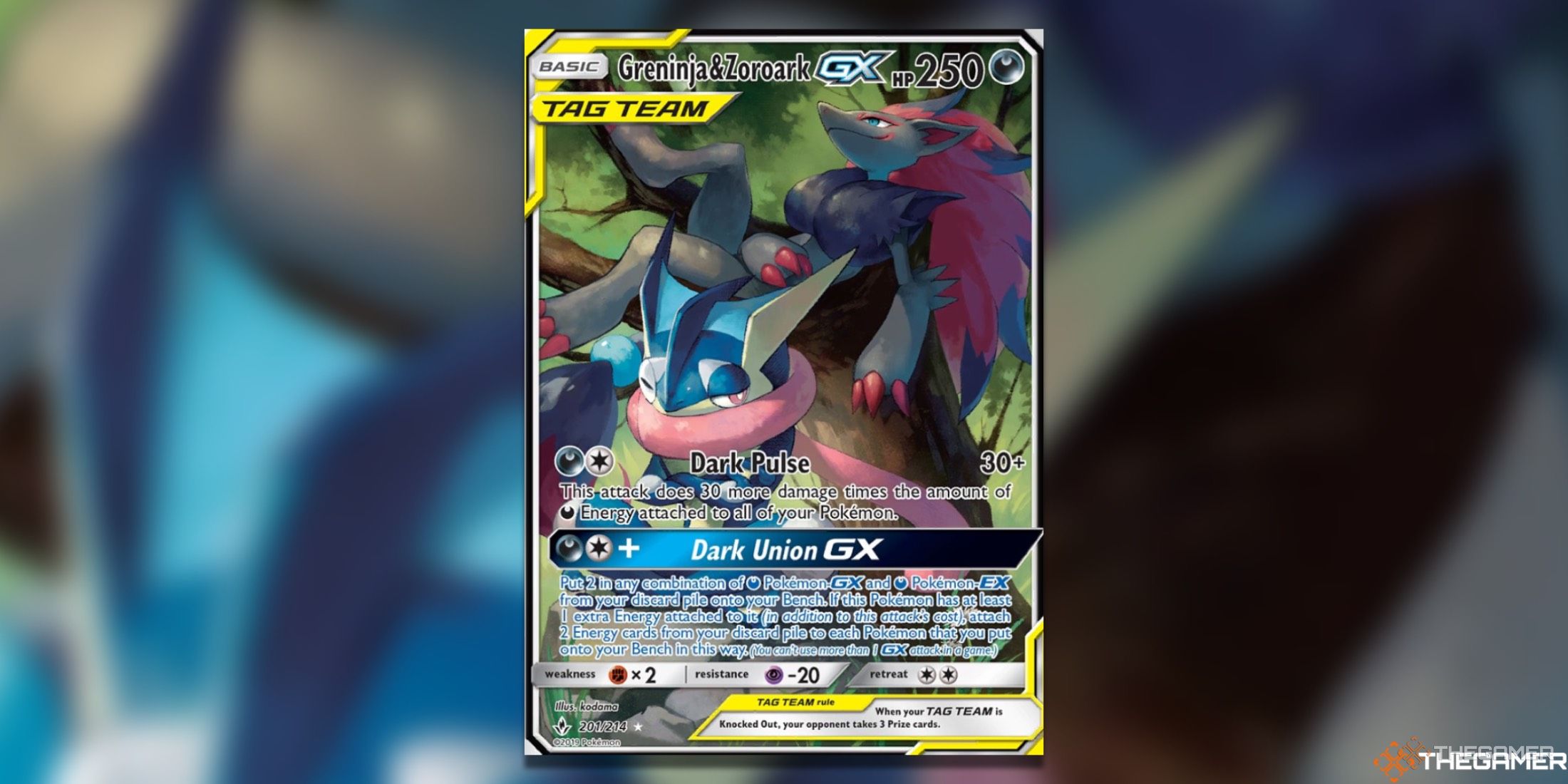 The Greninja & Zoroark GX alt full art from Unbroken Bonds in Pokemon TCG.