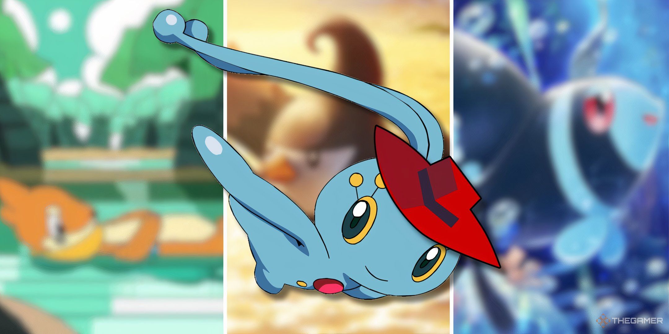 Pokemon Trading Card Game Pocket Manaphy wearing the Carmen Sandiego hat as they fly over a blurred background of cards they appear in.