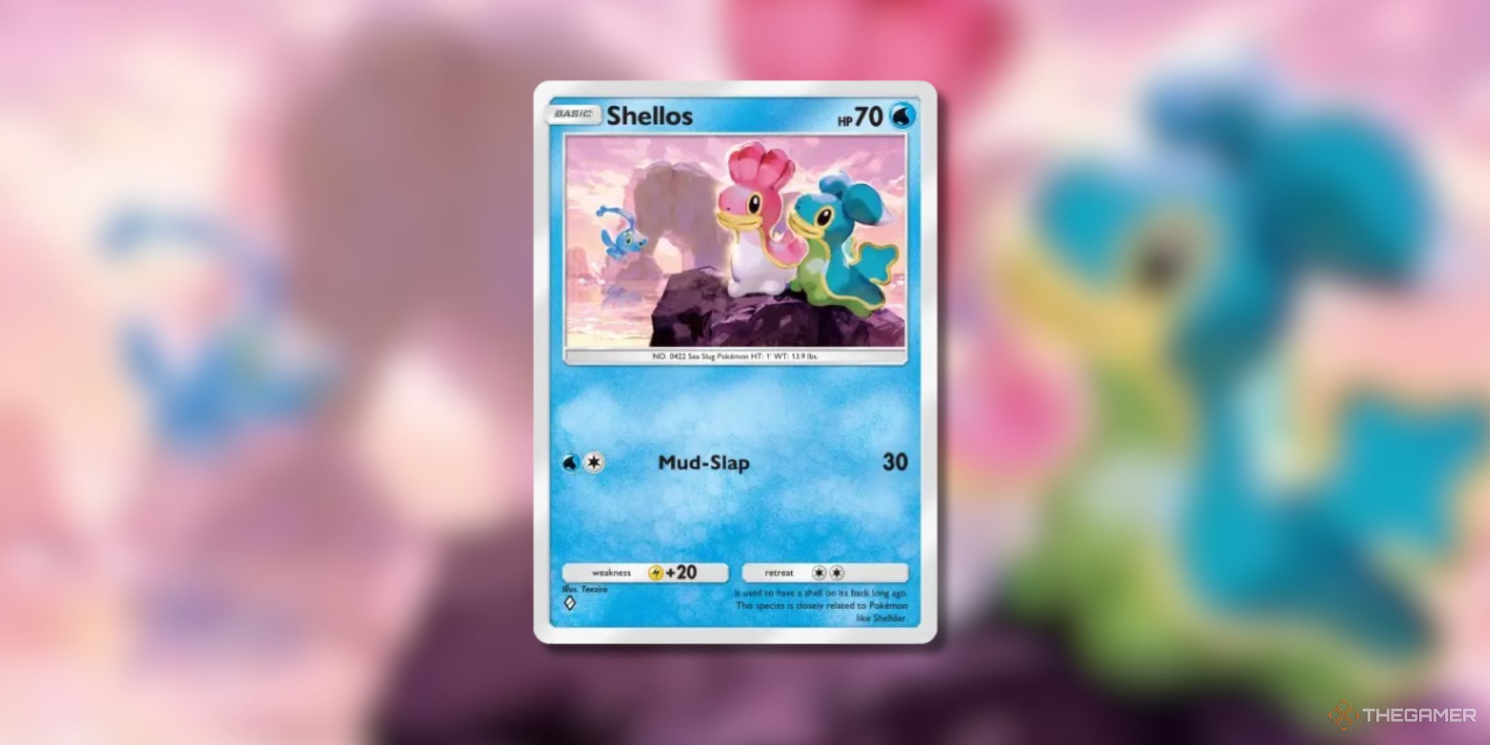 Pokemon Trading Card Game Pocket Shellos one diamond card with Manaphy jumping out of the water nearby.