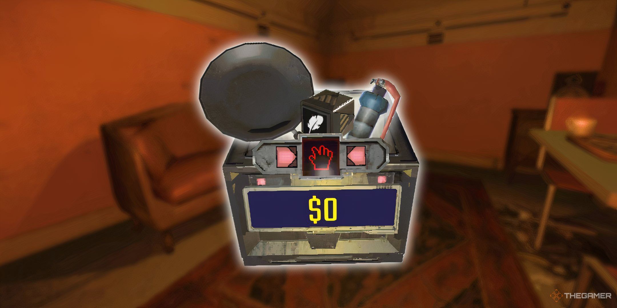 Repo Tools And Weapons Centered In The Image. Left To Right: Frying Pan, Feather Drone, Stun Grenade, Pocket Cart.