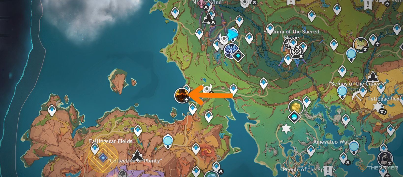 Route from a teleport waypoint to the Lava Dragon Statue's cave in Genshin Impact.