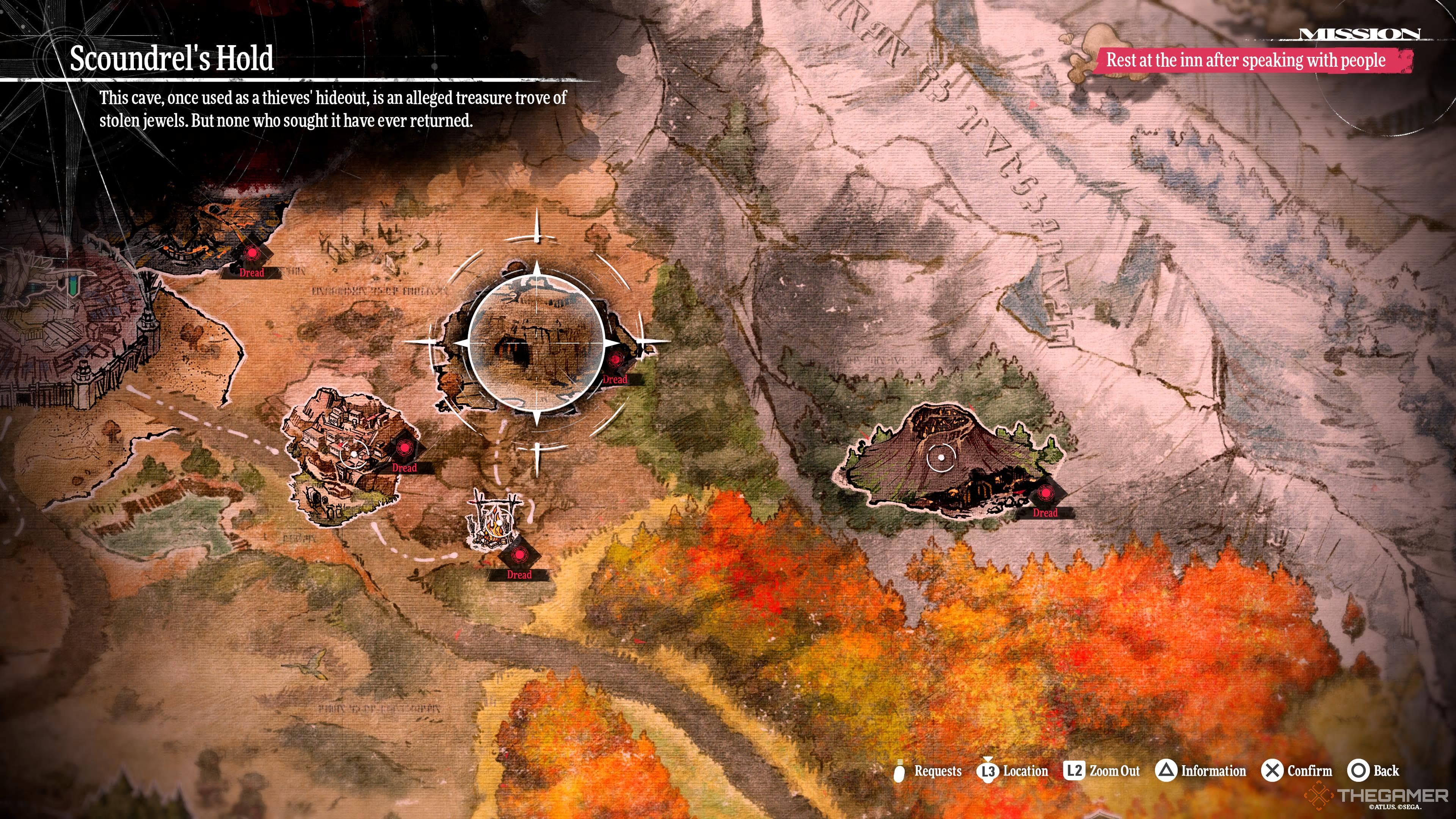 A screenshot of the world map showcasing the Scoundrel's Hold dungeon in Metaphor: ReFantazio.