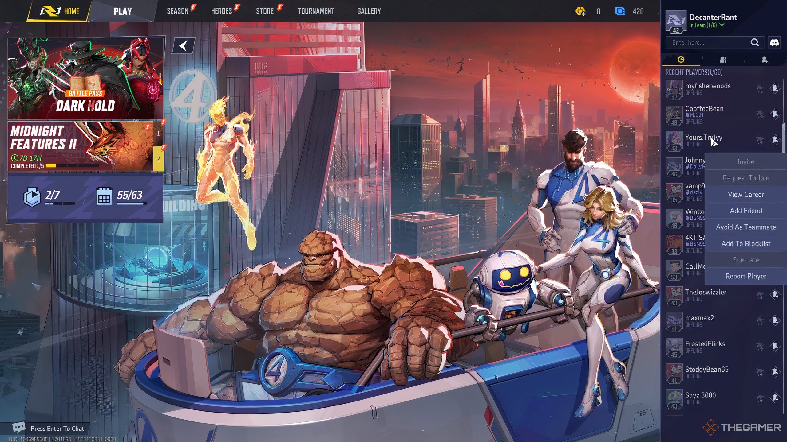 The Marvel Rivals home screen complete with social friends list. 