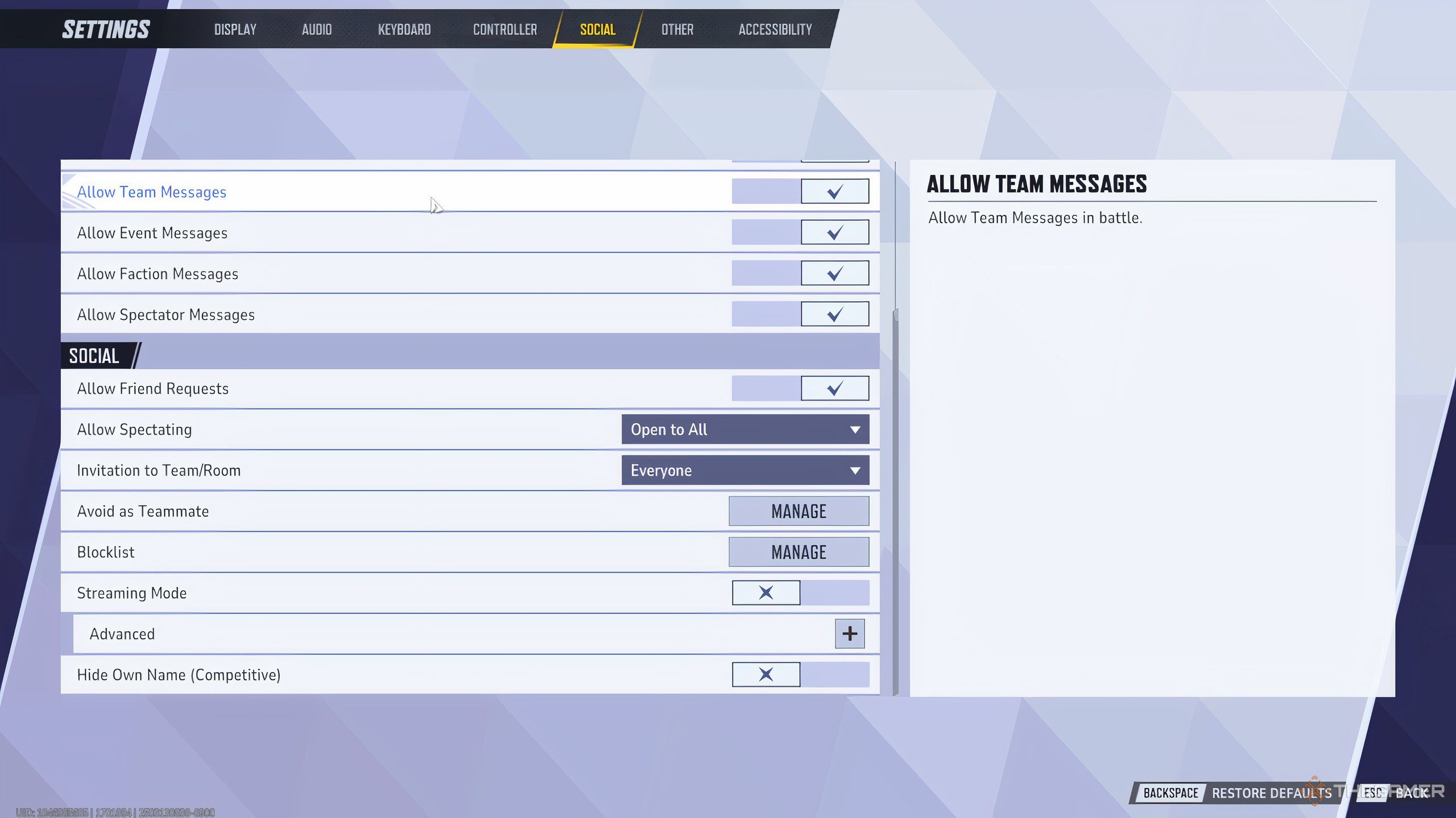 The Marvel Rivals social settings screen and user interface. 