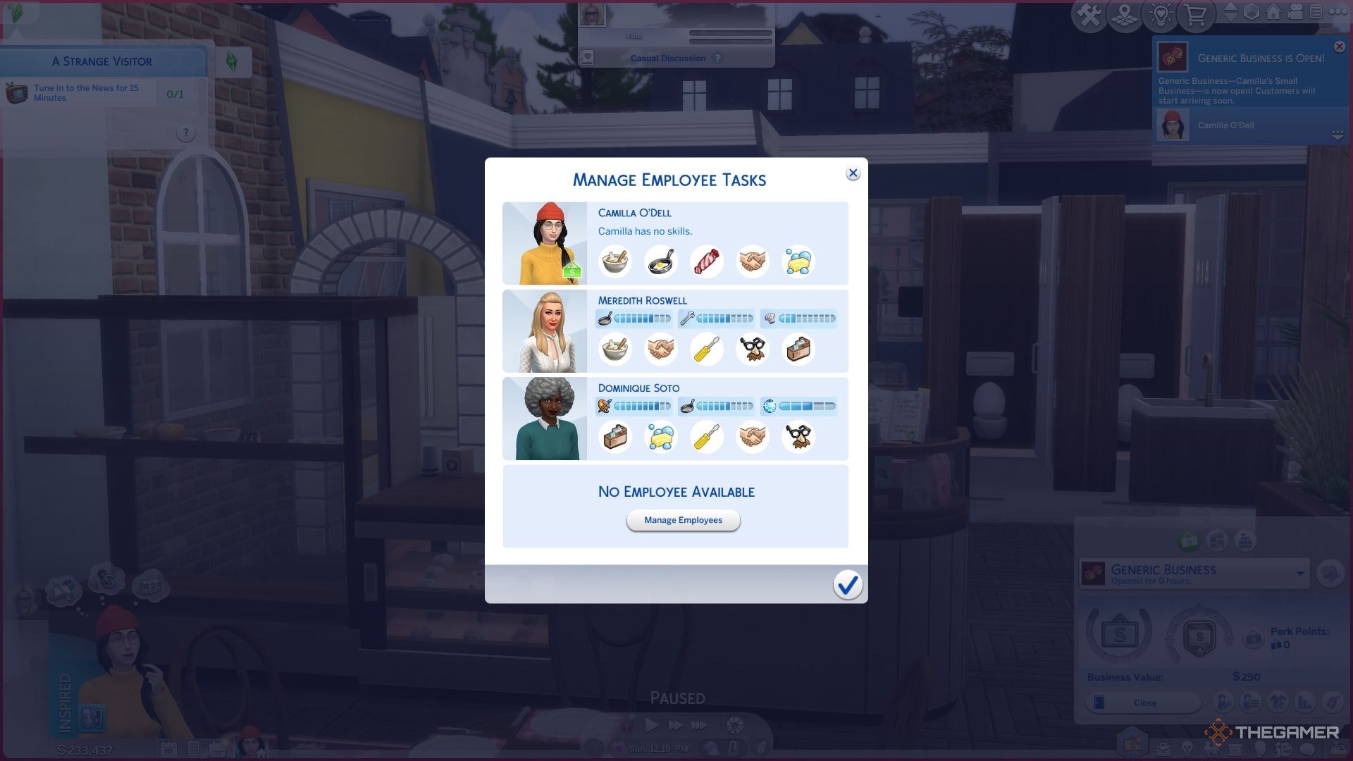 Setting employee tasks in The Sims 4 Businesses and Hobbies.
