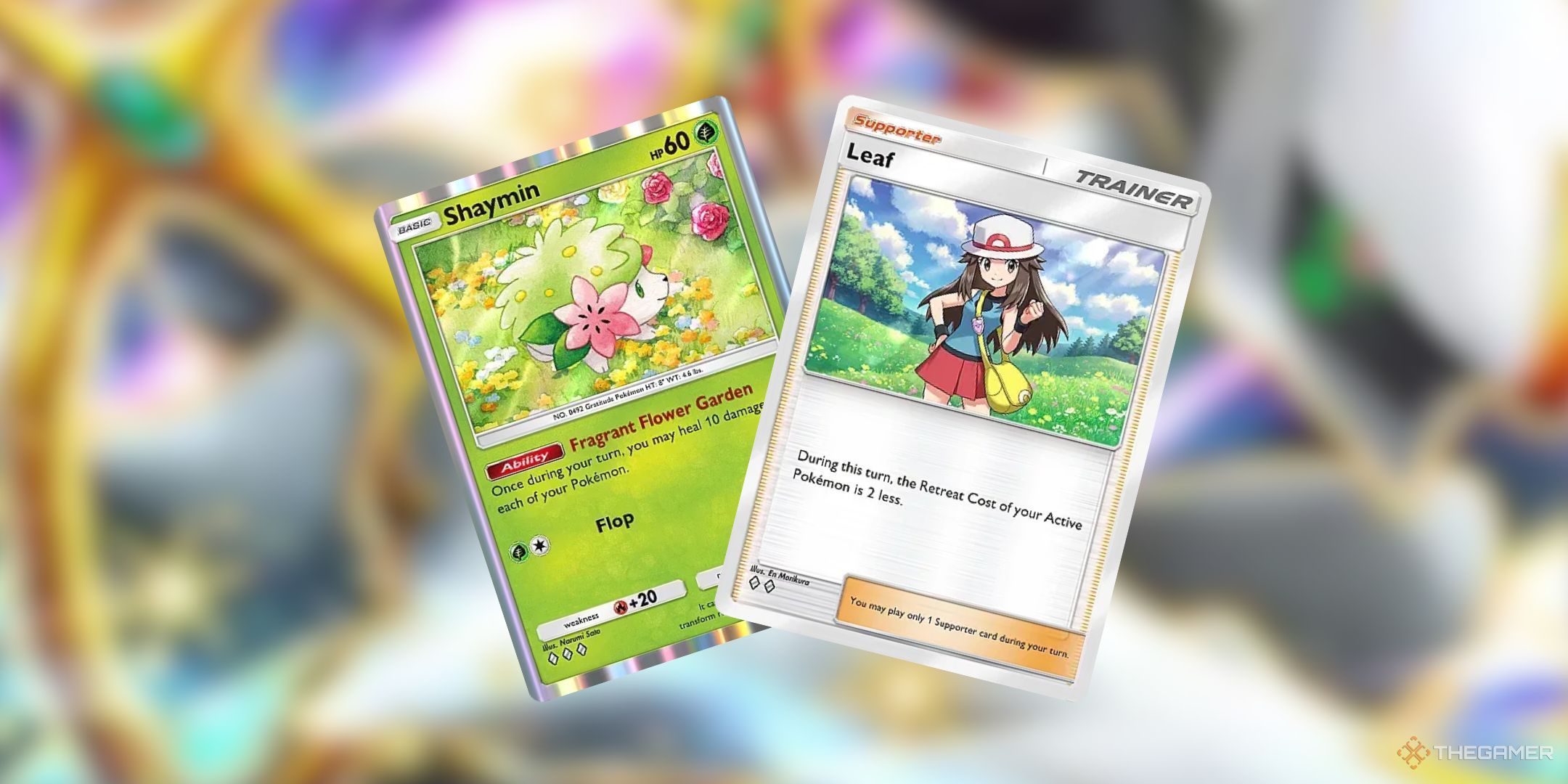Shaymin and Leaf in front of an Arceus background in Pokemon Pocket.