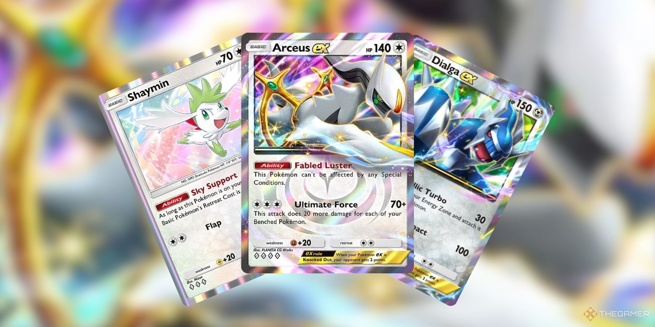 Shaymin, Arceus ex, and Dialga ex fanning from the middle in Pokemon Pocket.