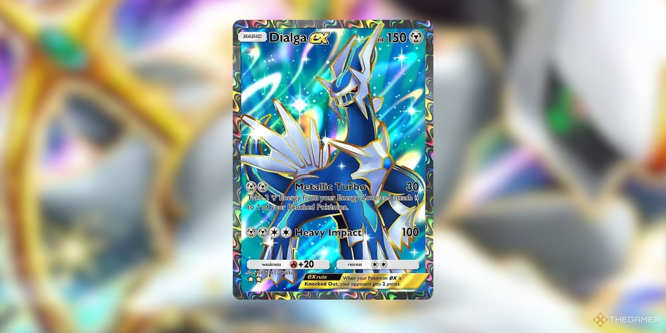 Silver immersive Dialga ex in front of an Arceus background in Pokemon Pocket.