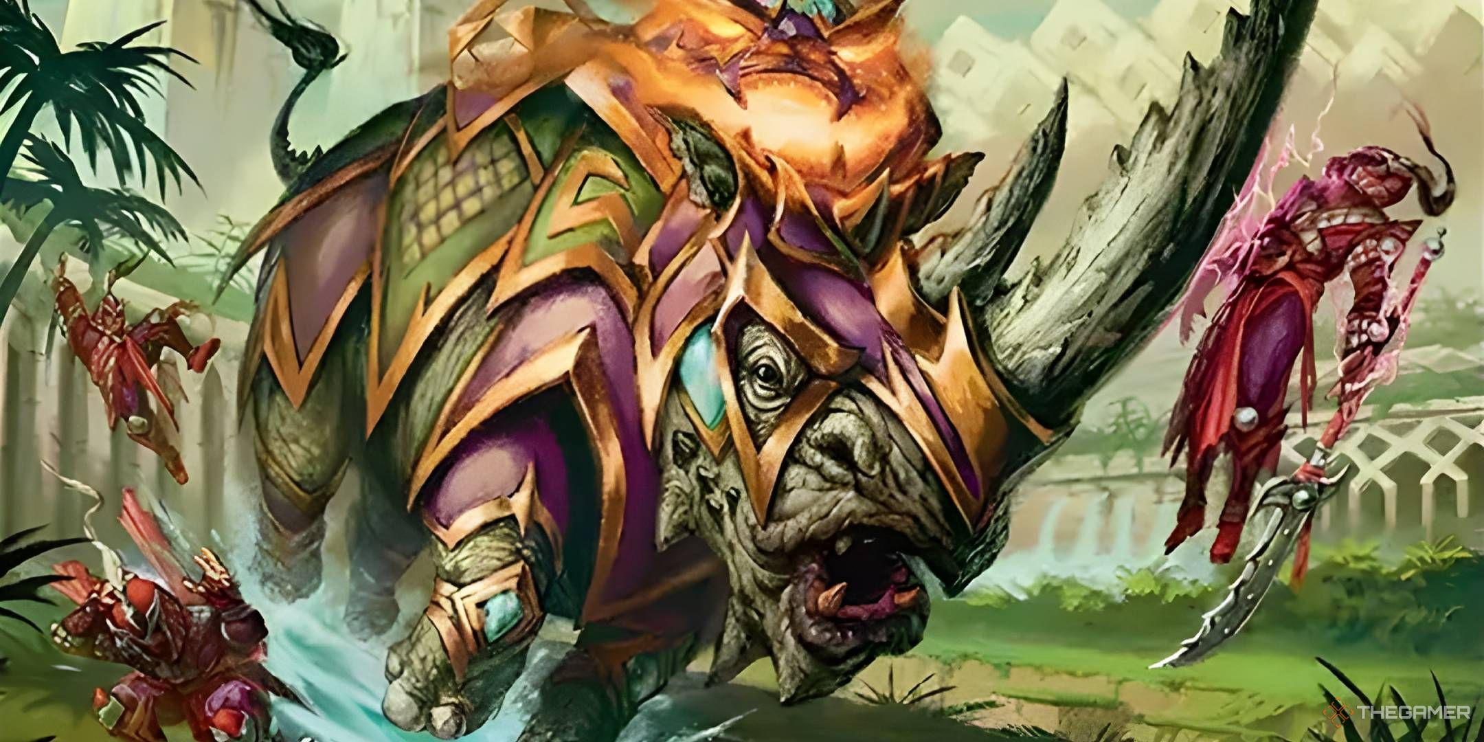 A rhinoceros wearing purple, gold, and green armor tramples through three Soldiers wearing purple armor.