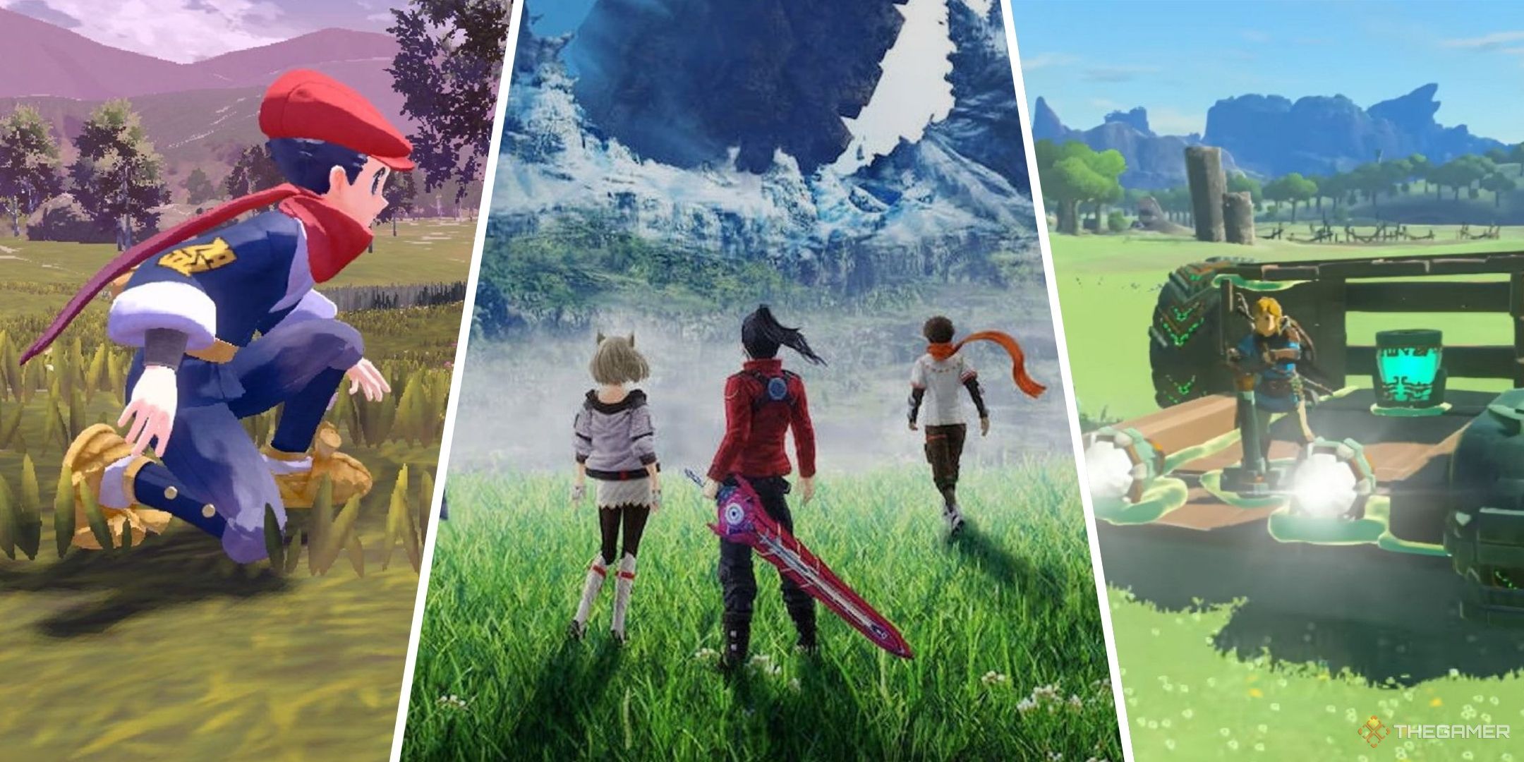 Split images of Pokemon Legends Arceus, Xenoblade Chronicles 3, and The Legend of Zelda Tears of the Kingdom.