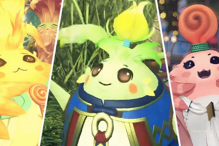 Split images of the Nopon Riki, Kino, and Monopon from Xenoblade Chronicles.