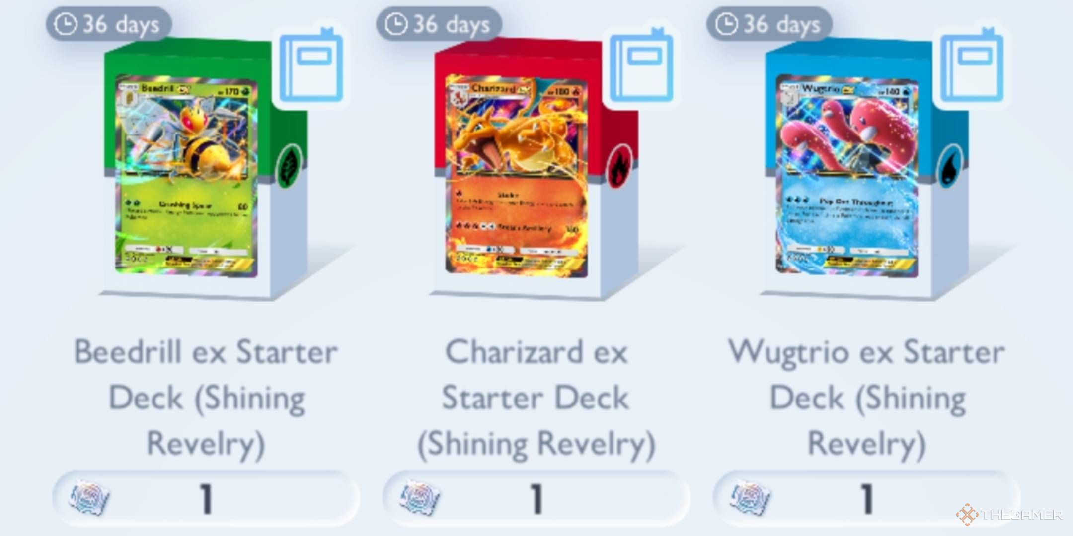 The shop menu, showing the Beedrill ex, Charizard ex, and Wugtrio ex starter decks.