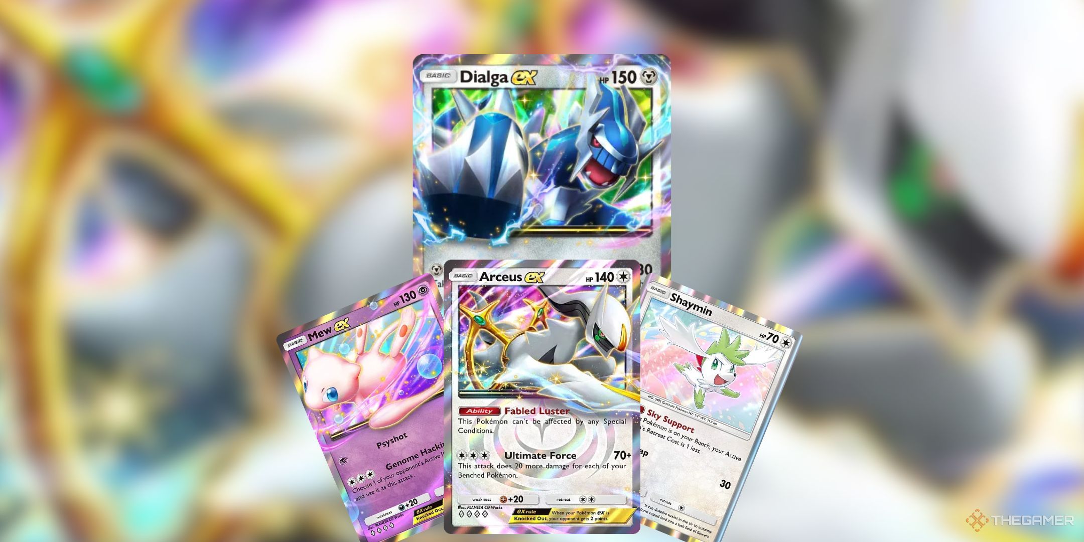 Starting formation of a Arceus ex and Dialga ex deck in Pokemon Pocket.