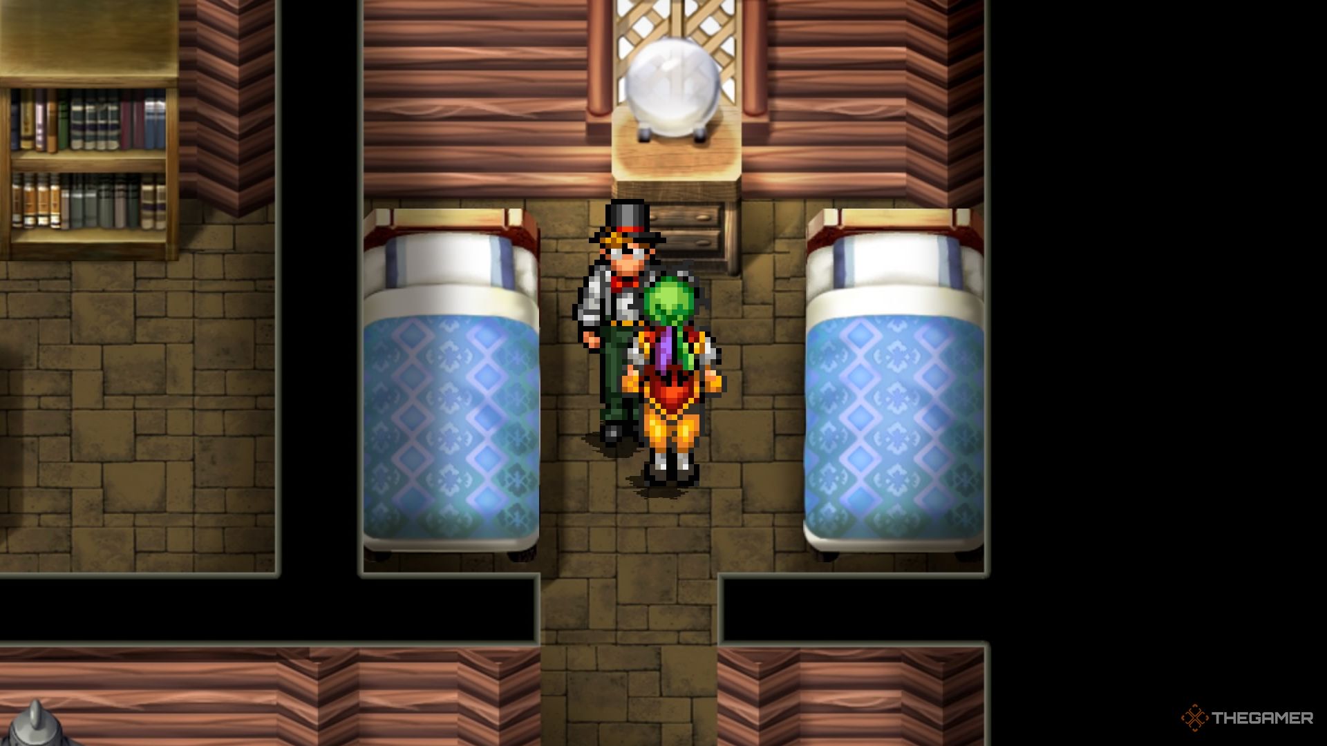 Talking to Window in the Warrior Village in Suikoden 1 HD Remaster.