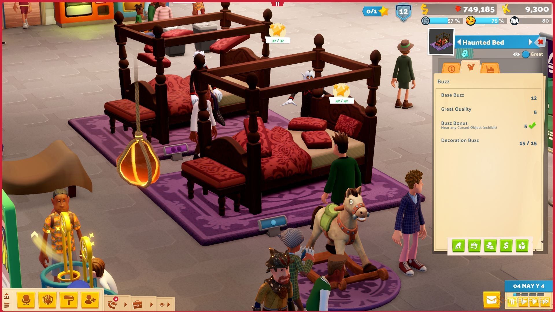 The Buzz stats of a Haunted Bed in Two Point Museum.