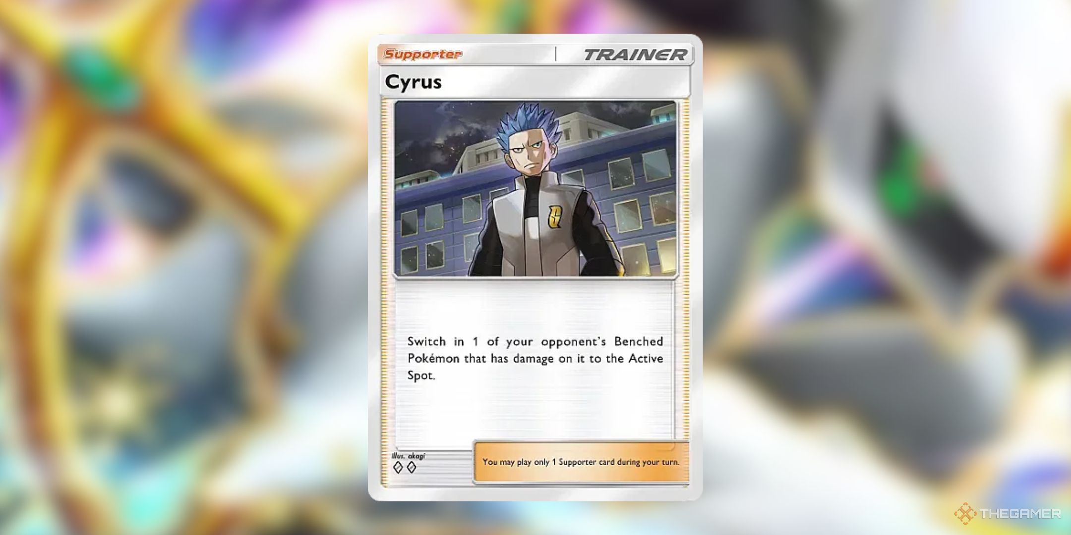 The Cyrus card in front of an Arceus background in Pokemon Pocket.