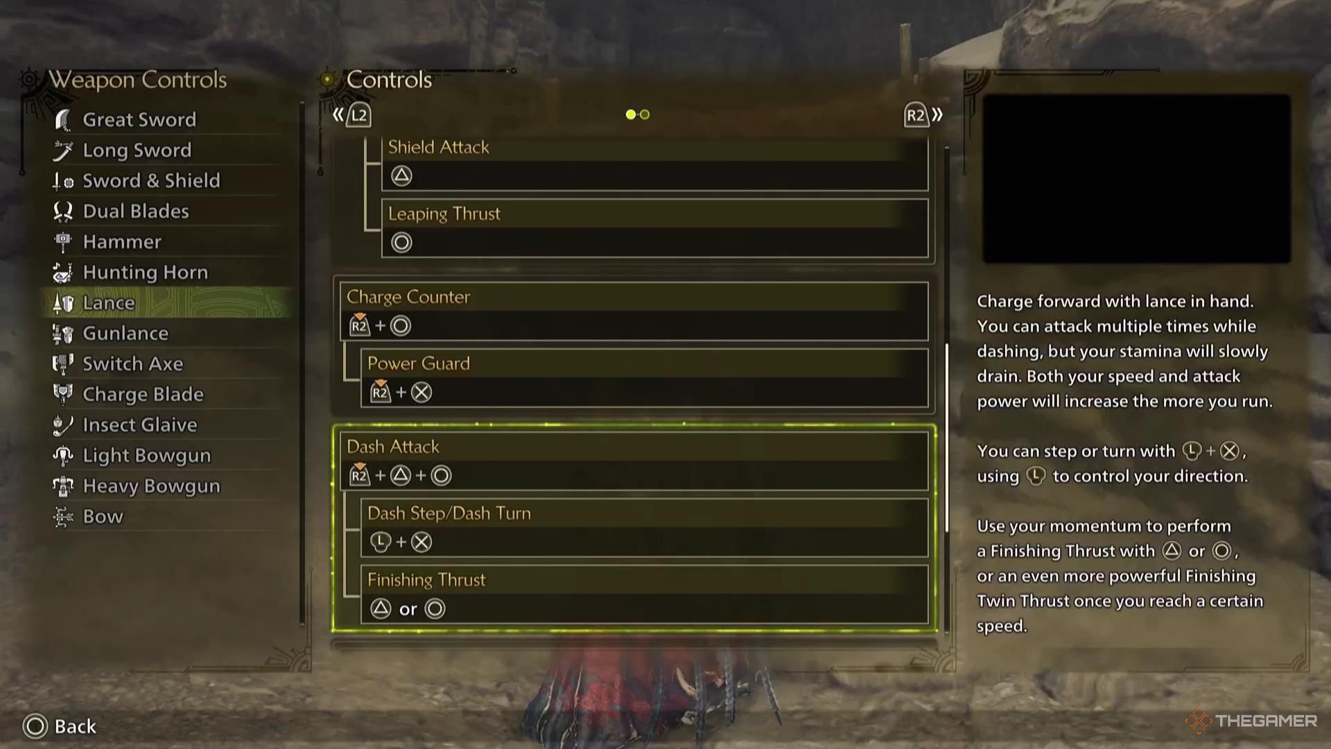 The Dash Attack attack description for the Lance in Monster Hunter Wilds.