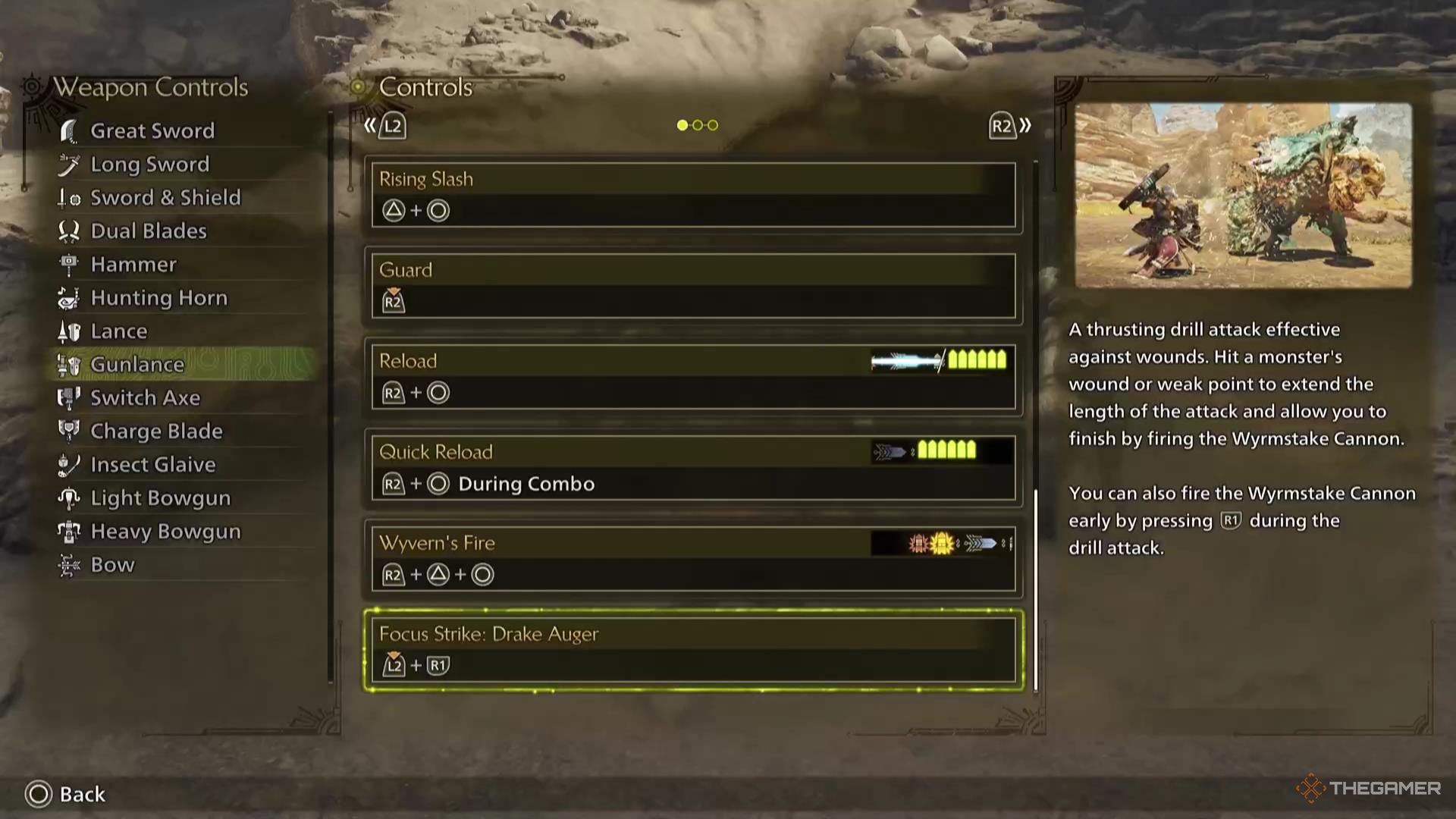 The Drake Auger attack description for the Gunlance in Monster Hunter Wilds.