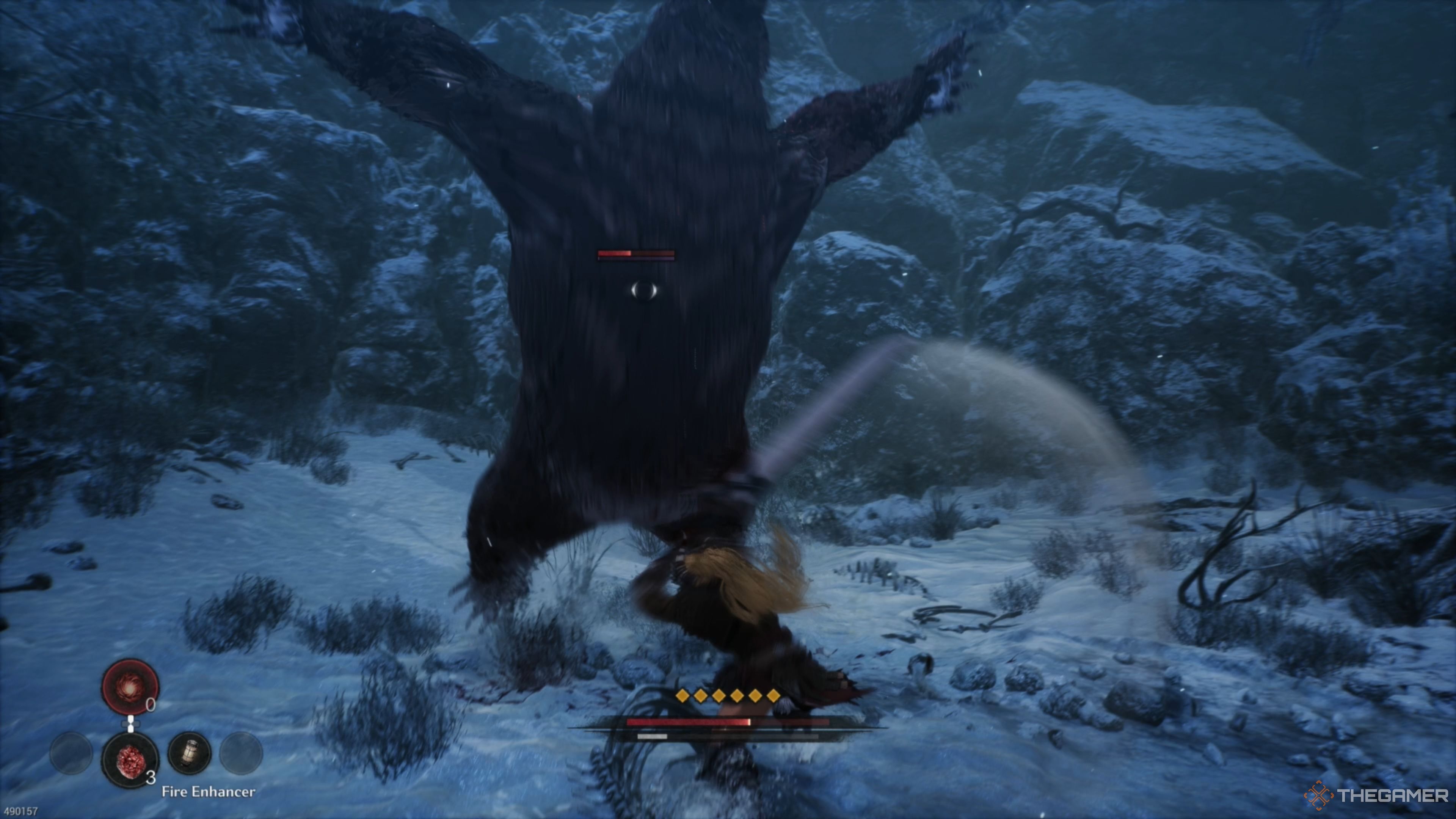 Swinging a Greatsword at a lunging bear in The First Berserker: Khazan.