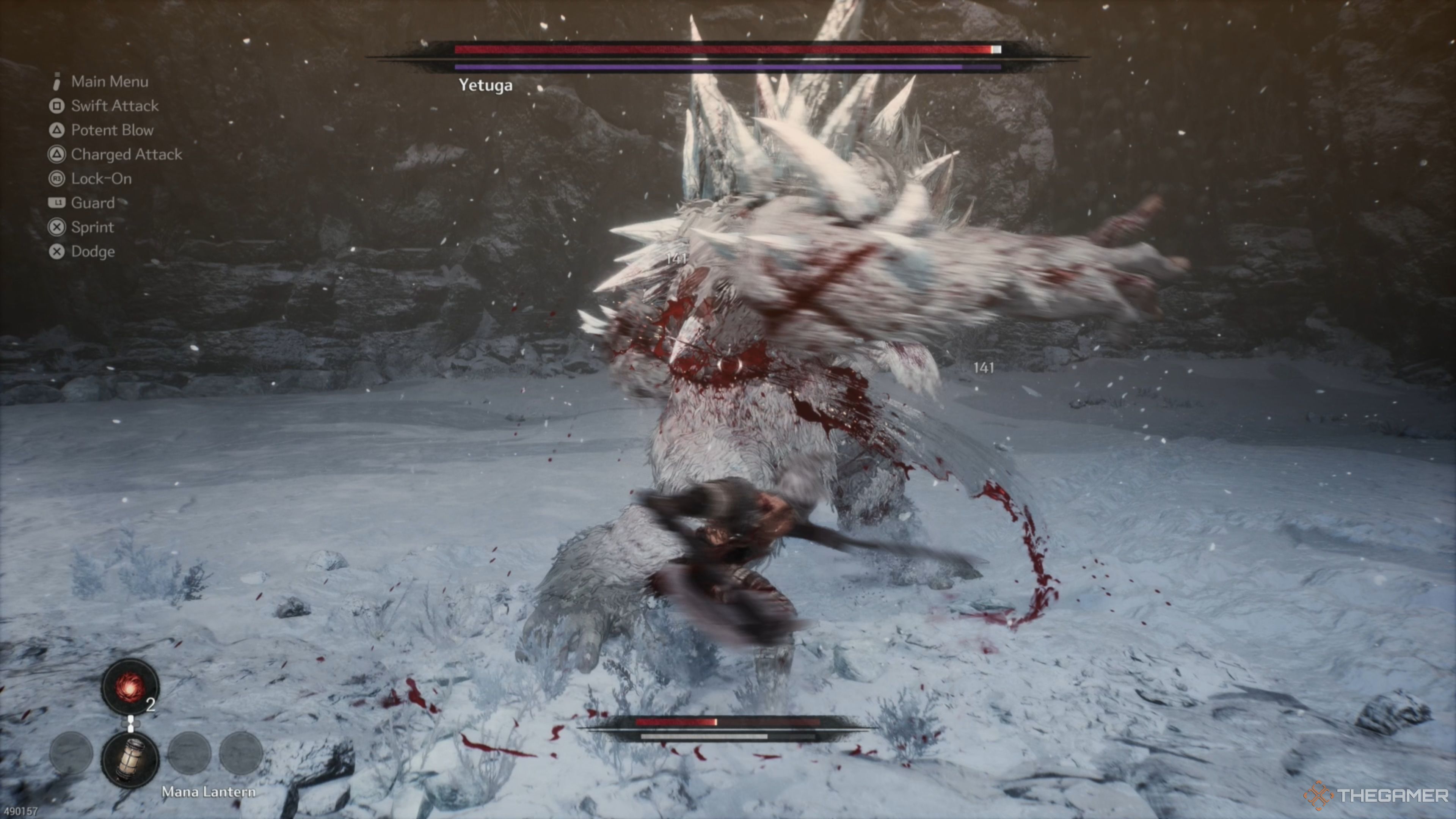 Khazan landing a devastating attack on Yetuga in The First Berserker: Khazan.