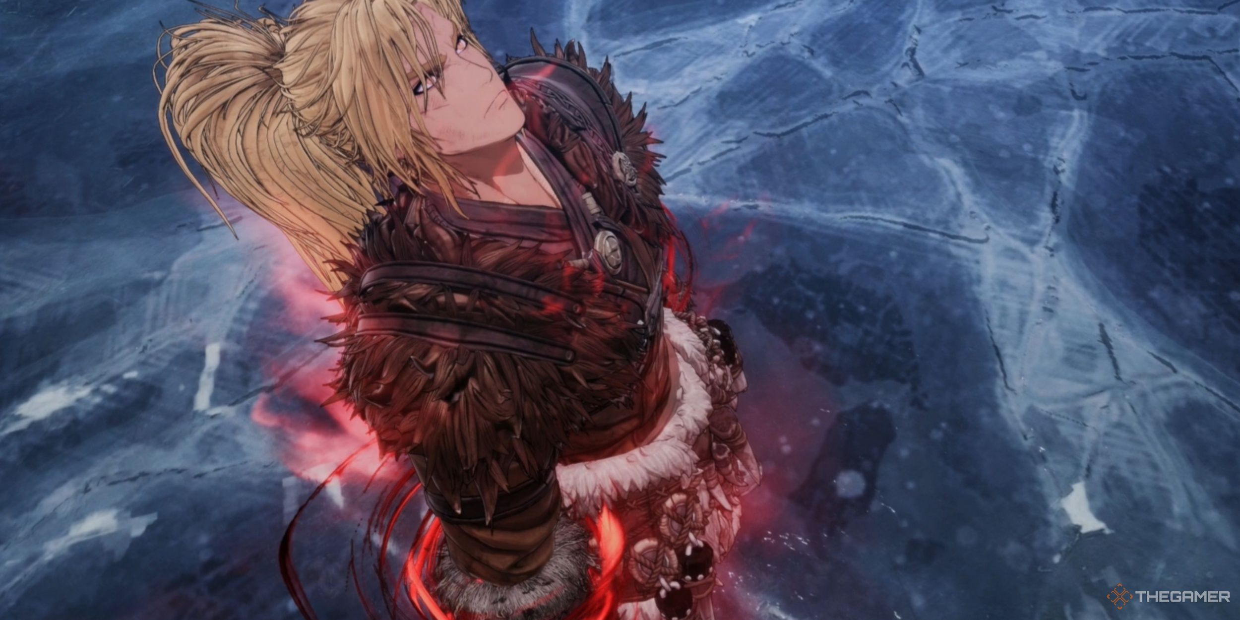 Khazan staring up at the sky with determination after being possessed by Blade Phantom in The First Berserker: Khazan.