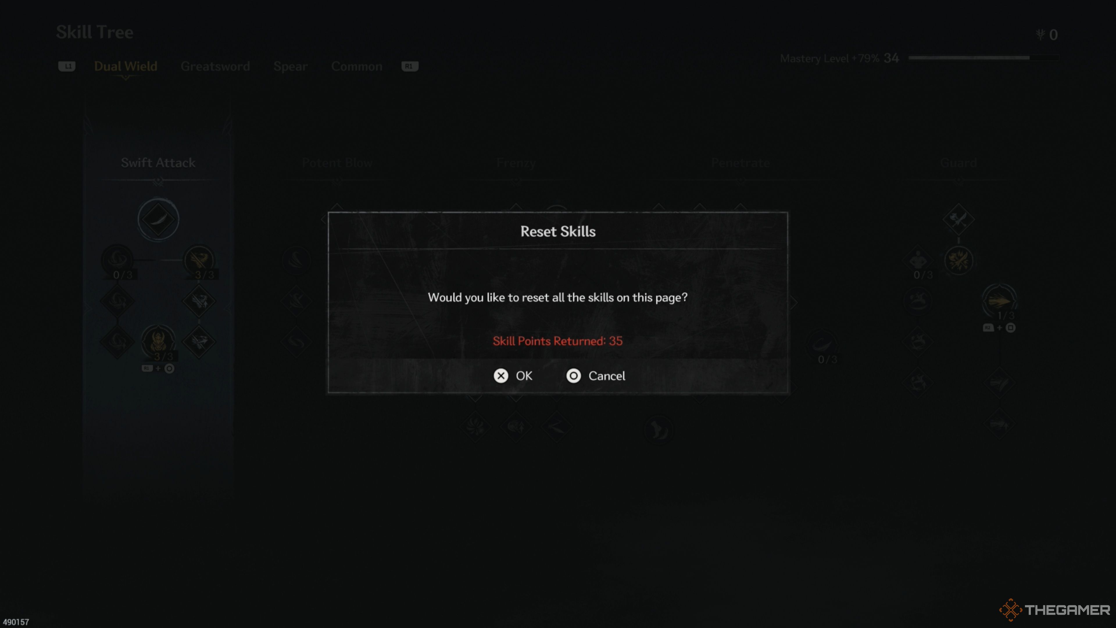 A warning screen asking if you want to Reset All Skills in The First Berserker: Khazan.