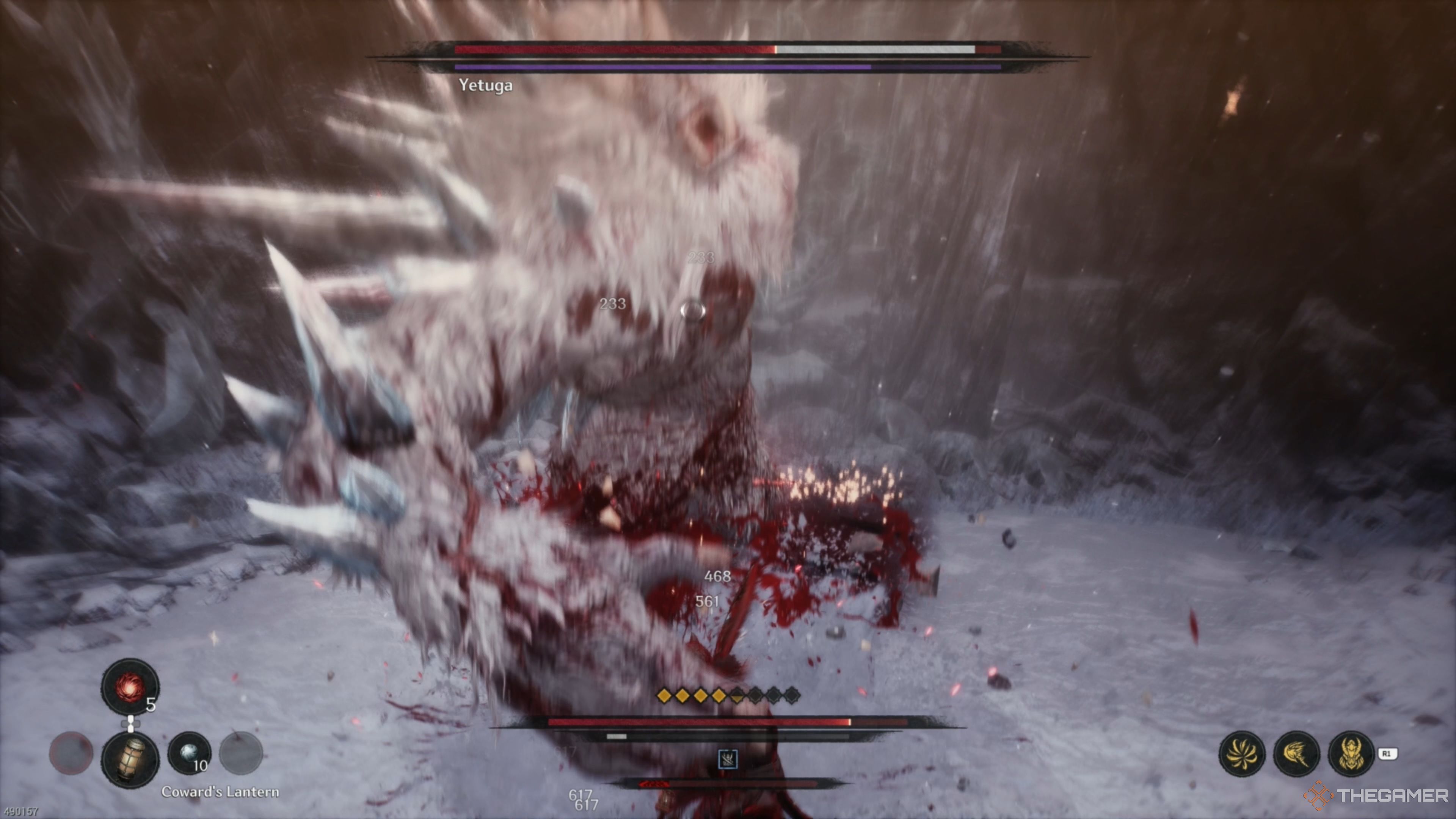 Revisiting and fighting the Yetuga boss in The First Berserker: Khazan, dealing tons of damage in quick succession.