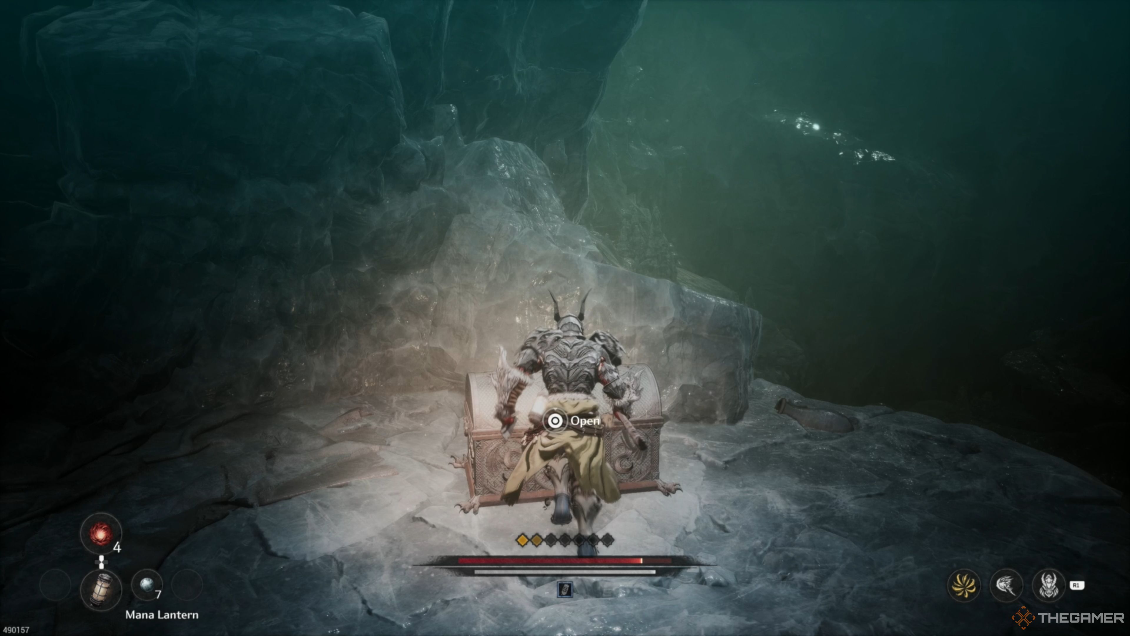 Approaching a Treasure Chest in an icy cave in The First Berserker: Khazan.