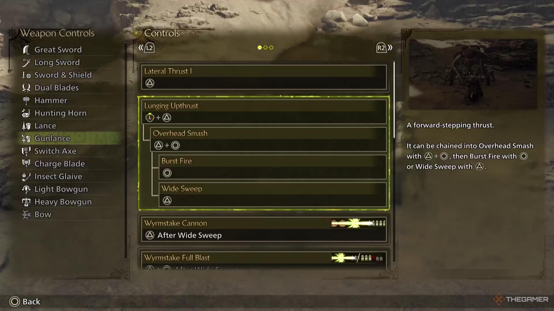 The Lunging Upthrust attack description for the Gunlance in Monster Hunter Wilds.