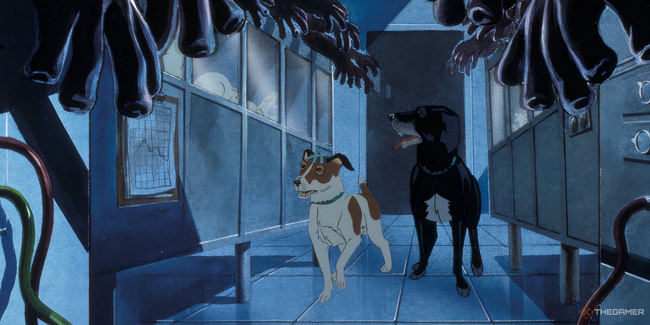 Sniffter and Rowf from The Plague Dogs walking in the research lab.