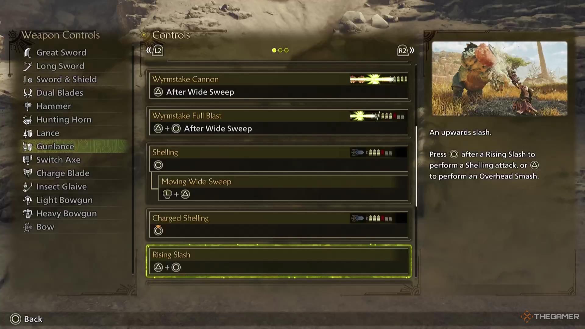 The Rising Slash attack description for the Gunlance in Monster Hunter Wilds.