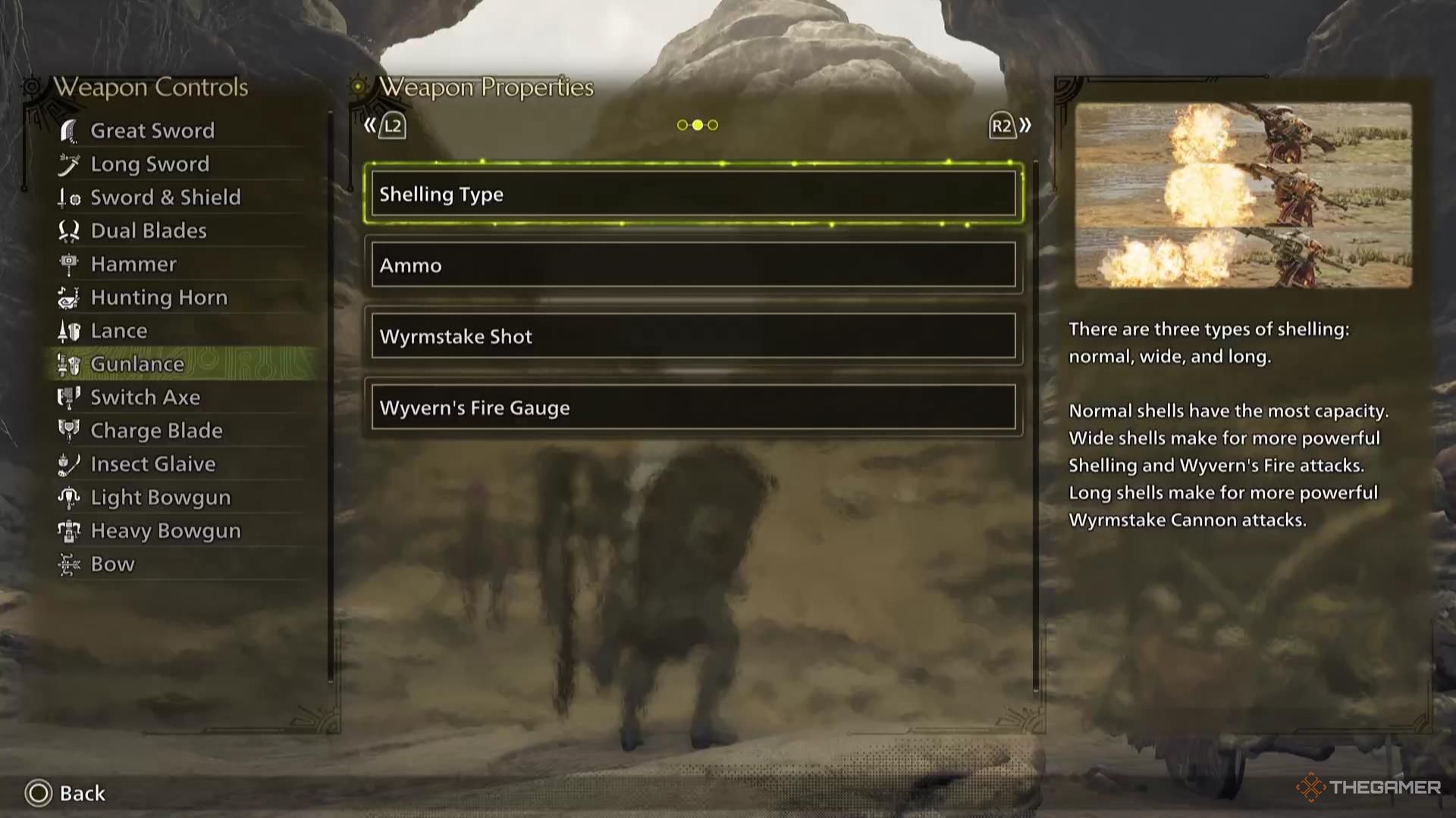 The Shelling Type descriptions for the Gunlance in Monster Hunter Wilds.