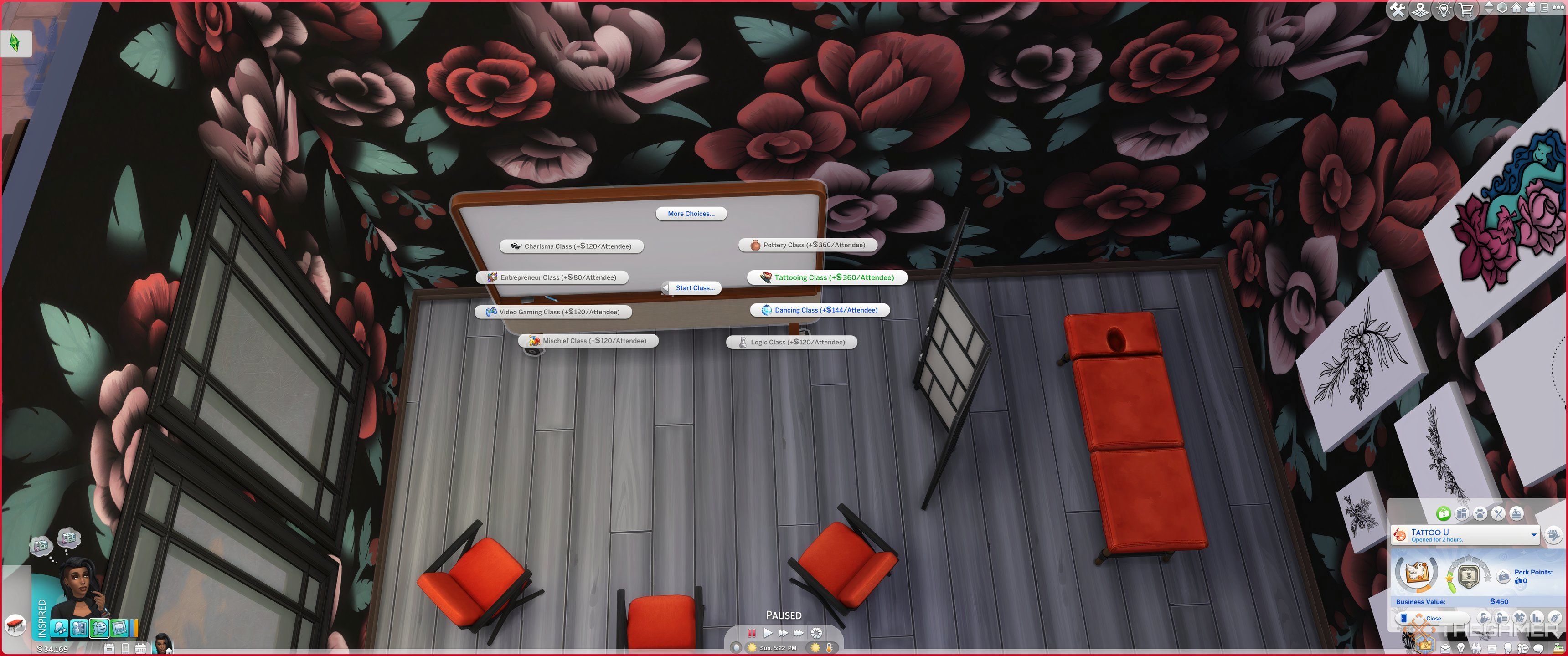 The Sims 4 Businesses and Hobbies close up on white board options for classes