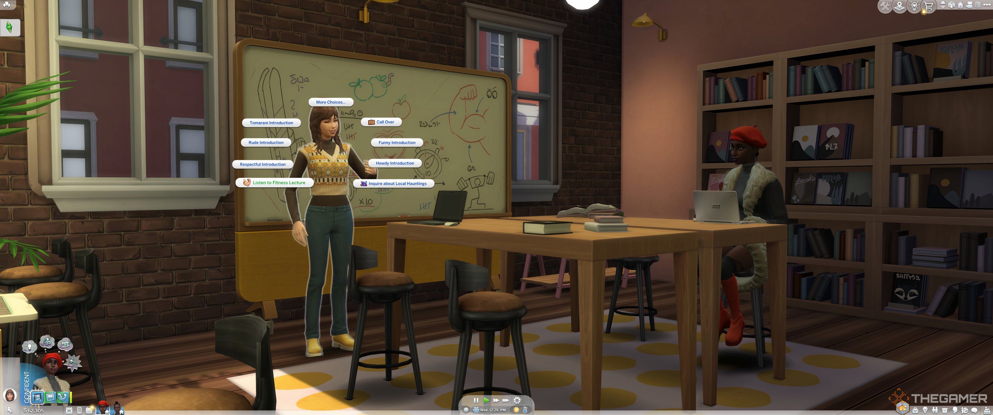 The Sims 4 Businesses and Hobbies Nia using the listen to lecture feature in a cafe.