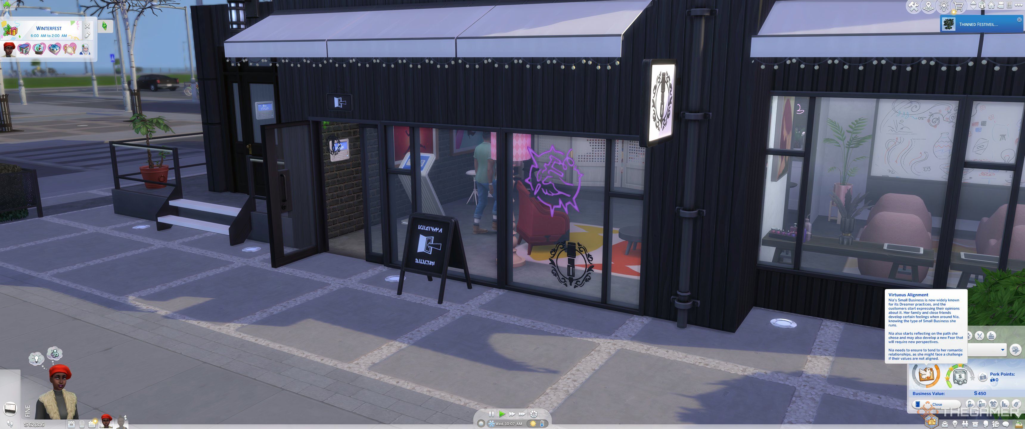 The Sims 4 Businesses and Hobbies outside Spilled Neon with lawful alignment tab open.