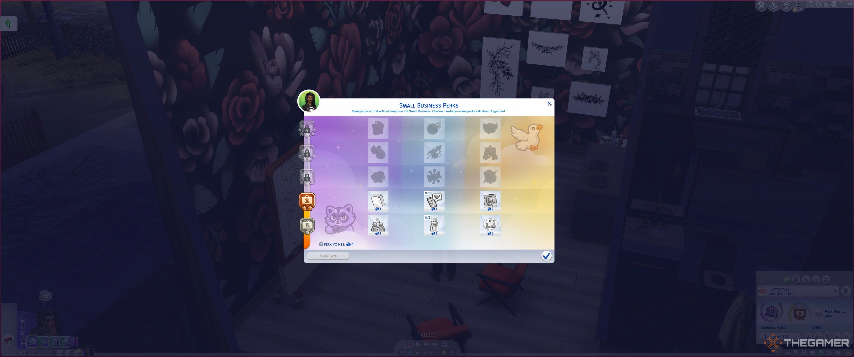 The Sims 4 Businesses and Hobbies perks menu with random selection.