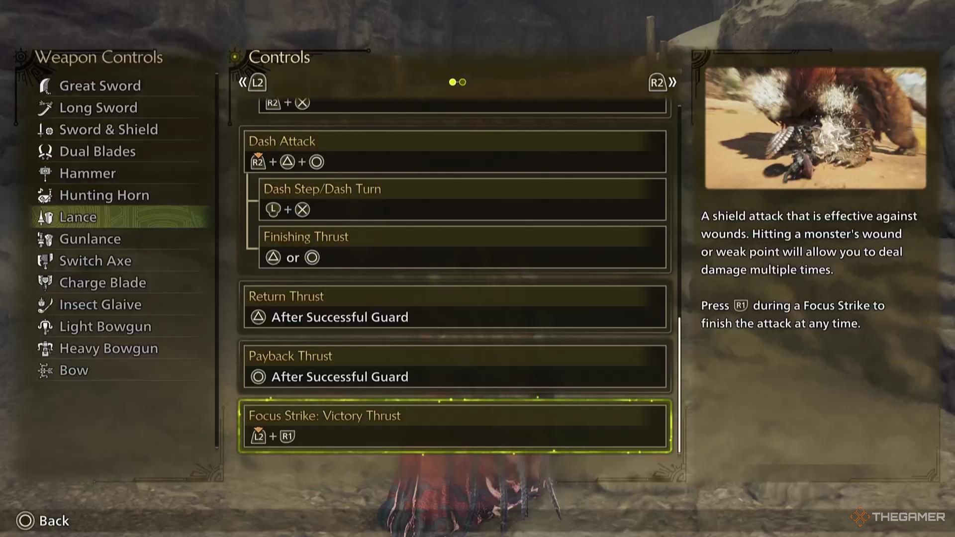 The Victory Strike attack description for the Lance in Monster Hunter Wilds.