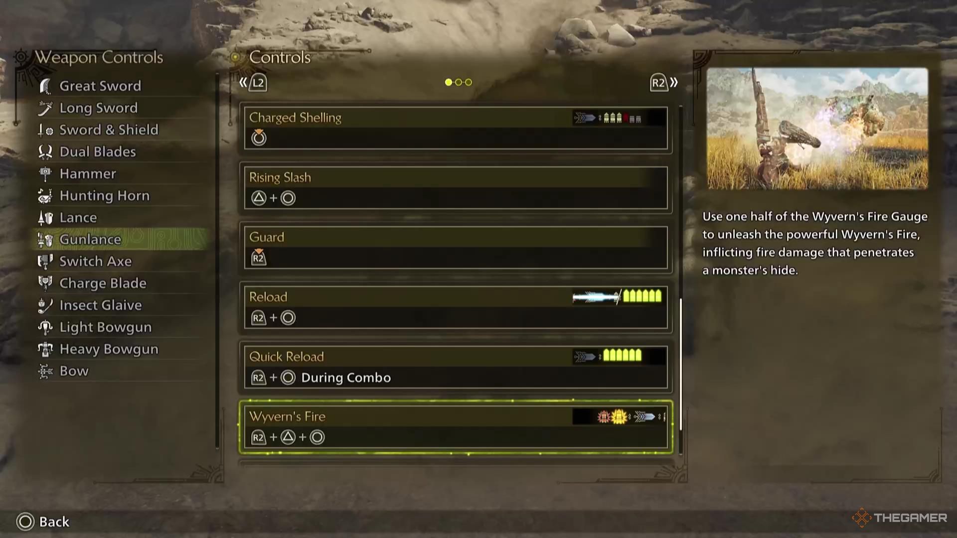 The Wyvern's Fire attack description for the Gunlance in Monster Hunter Wilds.