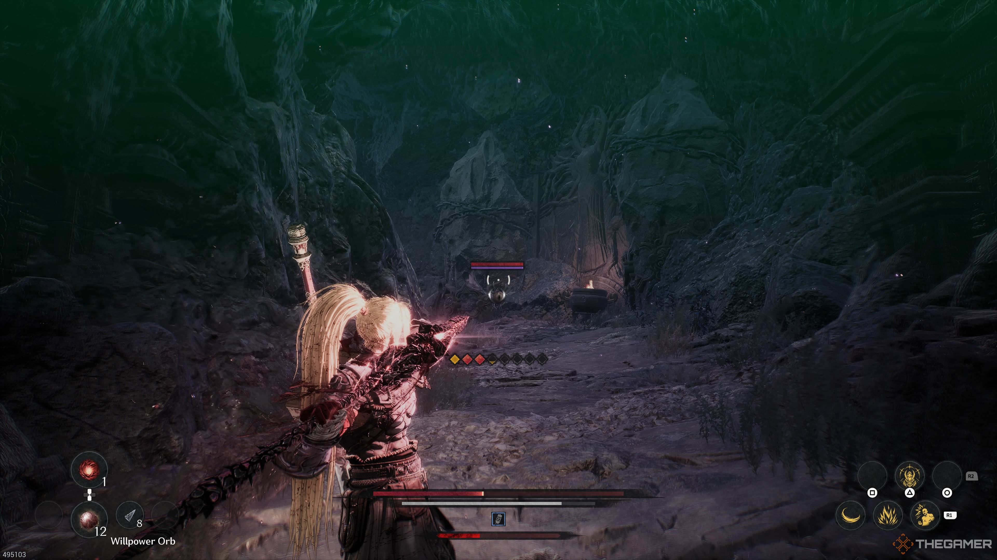 Throwing a javelin at an Observer in the Hermit Mountains in The First Berserker Khazan.
