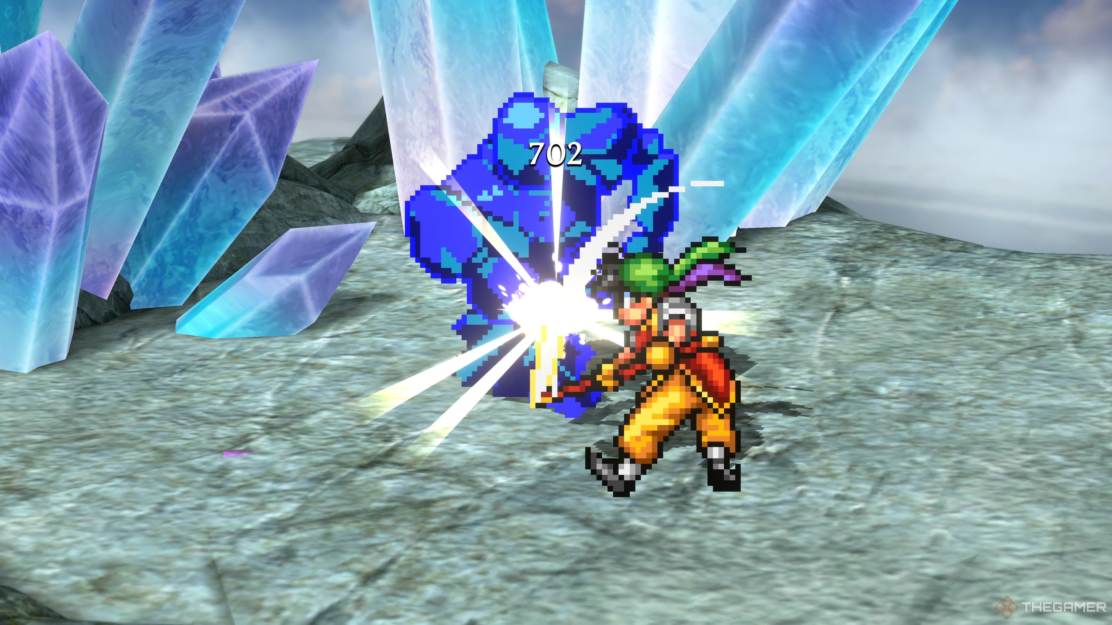 Tir McDohl landing a critical shot with a Lightning Rune piece equipped on his staff in Suikoden 1 HD Remaster.