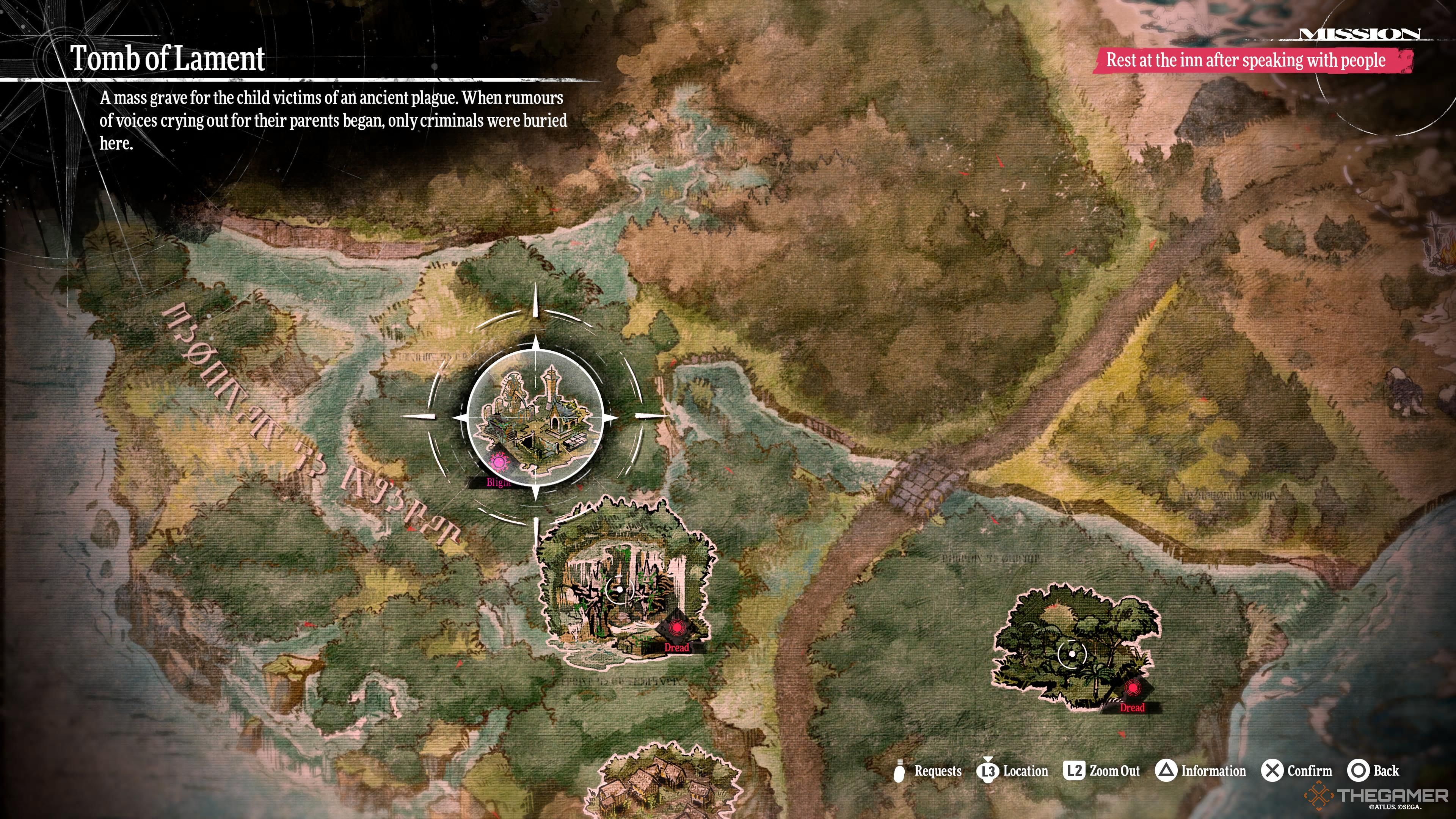 A screenshot of the world map showcasing the Tomb of Lament dungeon in Metaphor: ReFantazio.