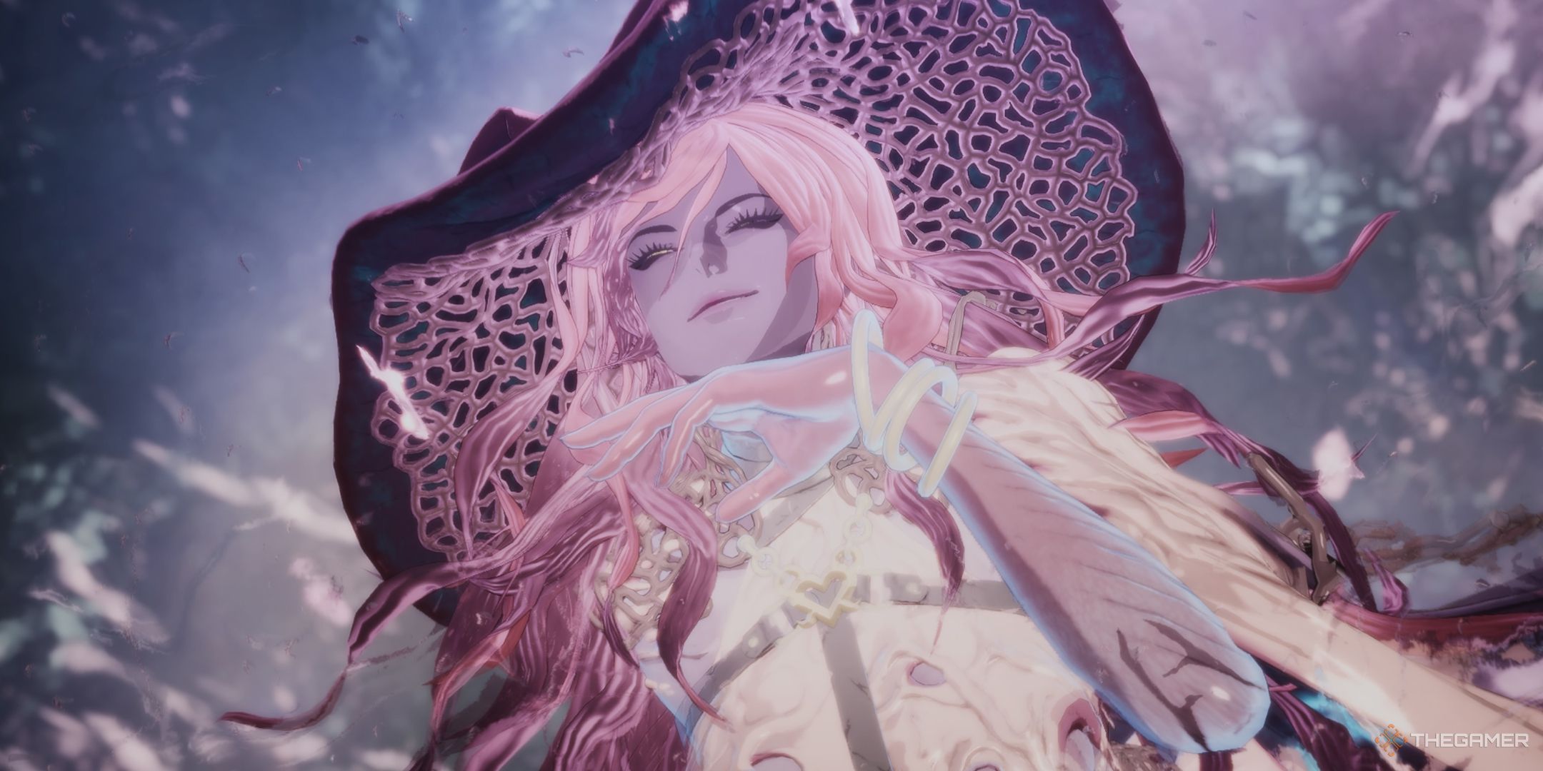 Trokka resting her chin on her hand as she smiles smuggly in The First Berserker Khazan.