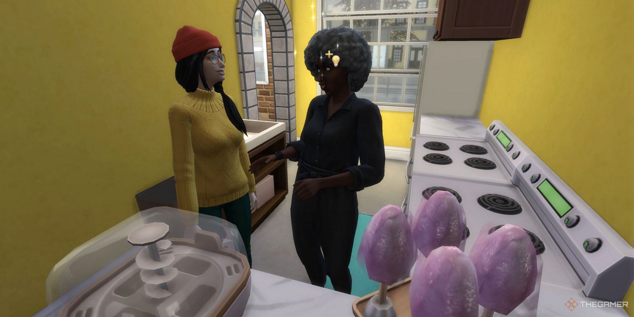 Two employees talking in a kitchen in The Sims 4 Businesses and Hobbies.