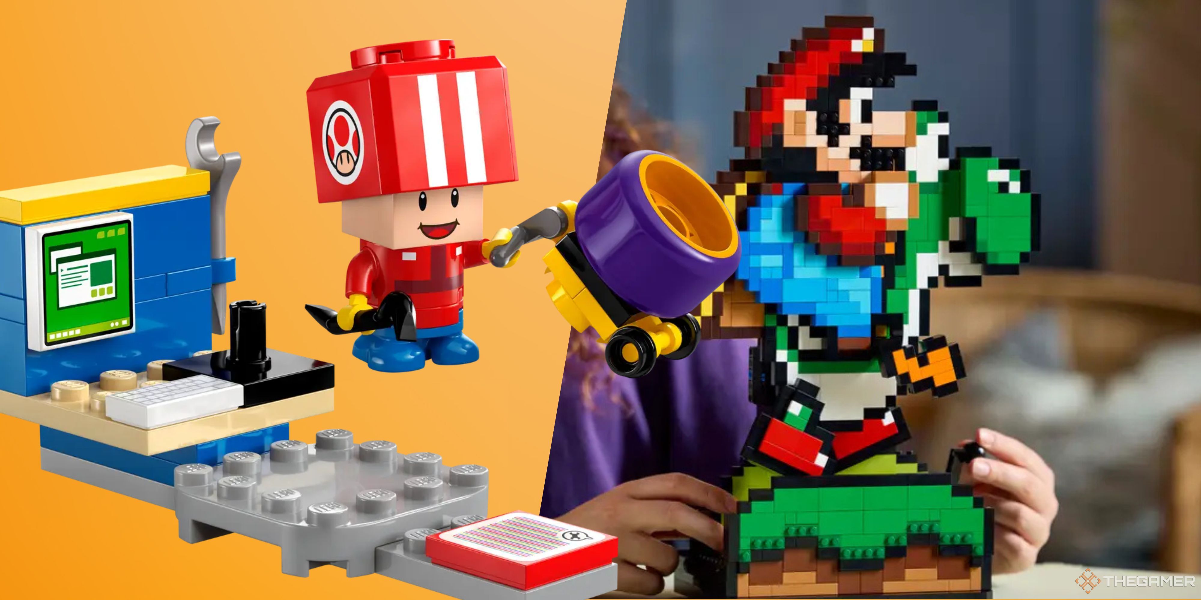 toad pit crew lego set next to super mario world mario and yoshi lego set.