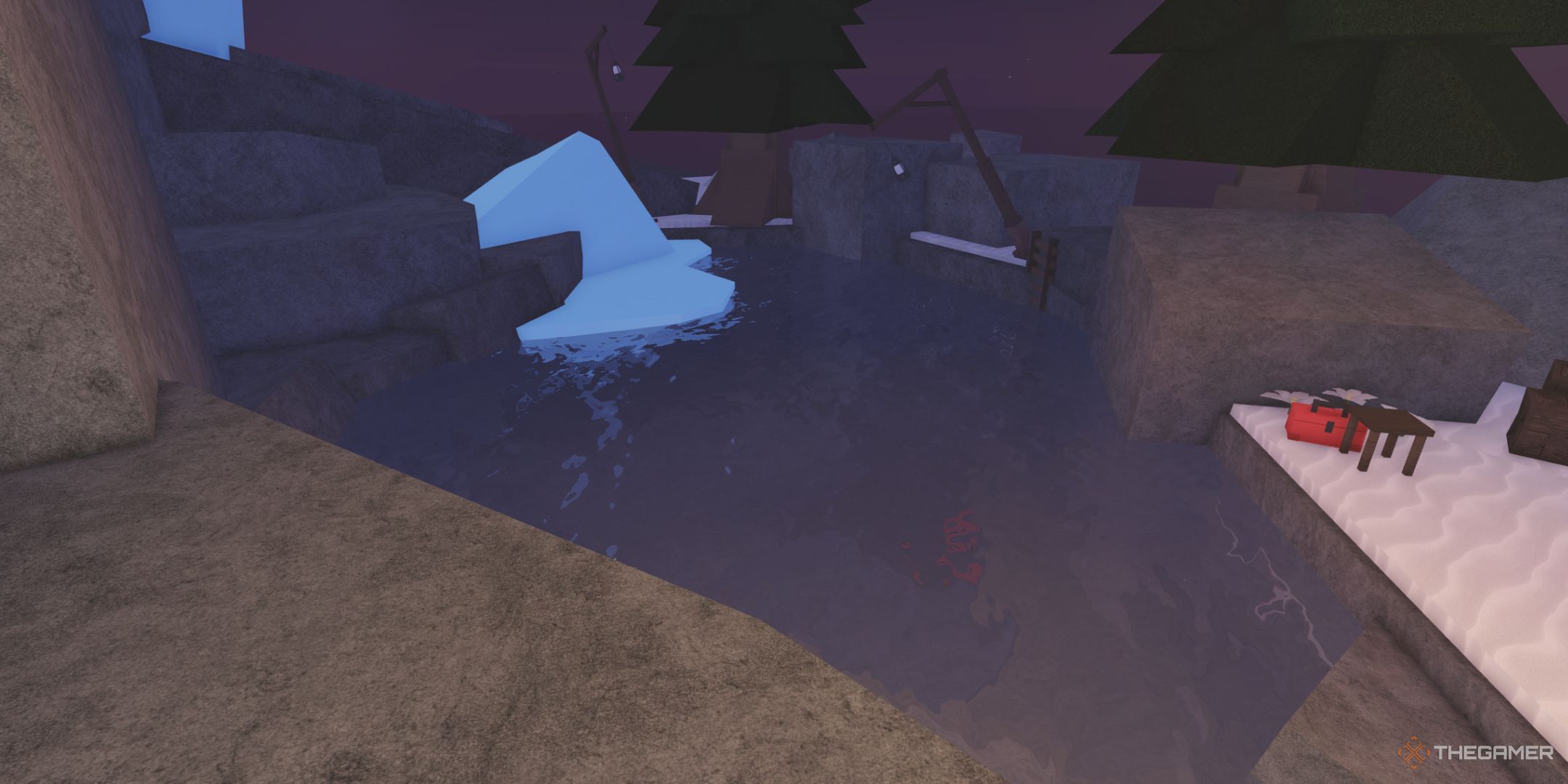 The player character shows a small pond located in the Upper Snowcap area in Fisch.