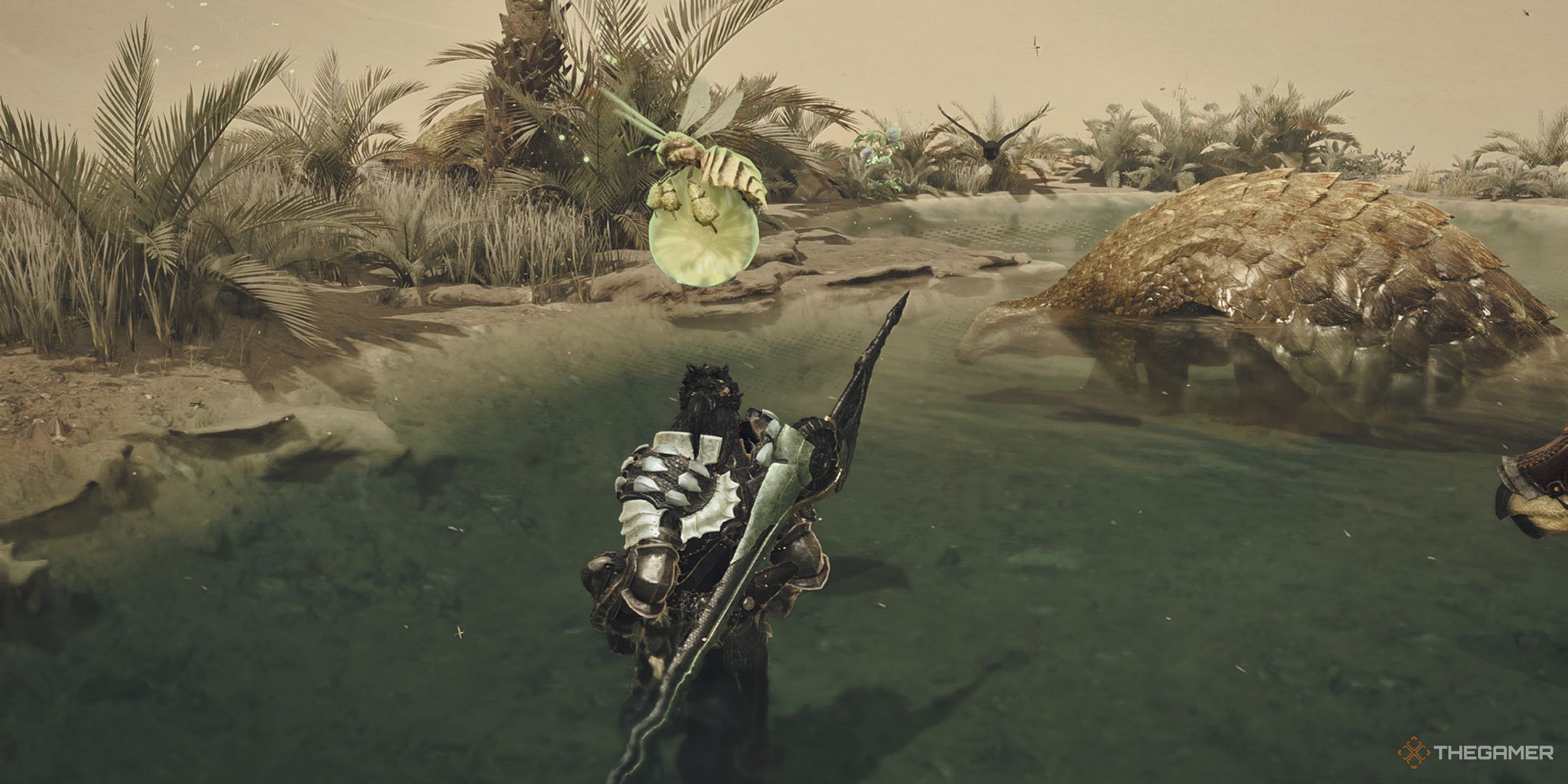 The hunter looking at a Vigorwasp in Monster Hunter Wilds.