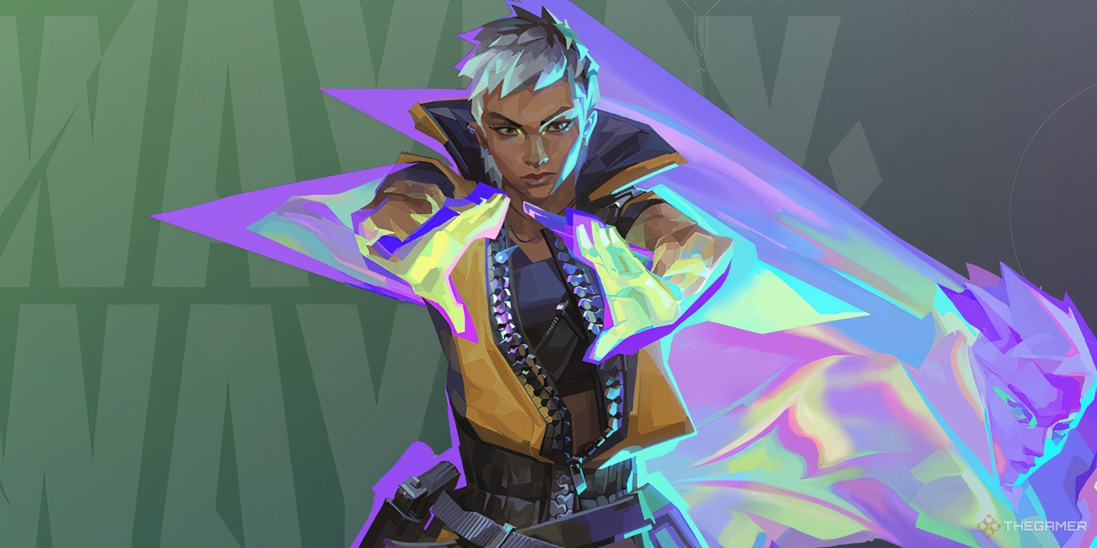 Waylay's profile photo in the Valorant agent page. She is a Thai woman with short hair that is dyed grey and has tan skin.