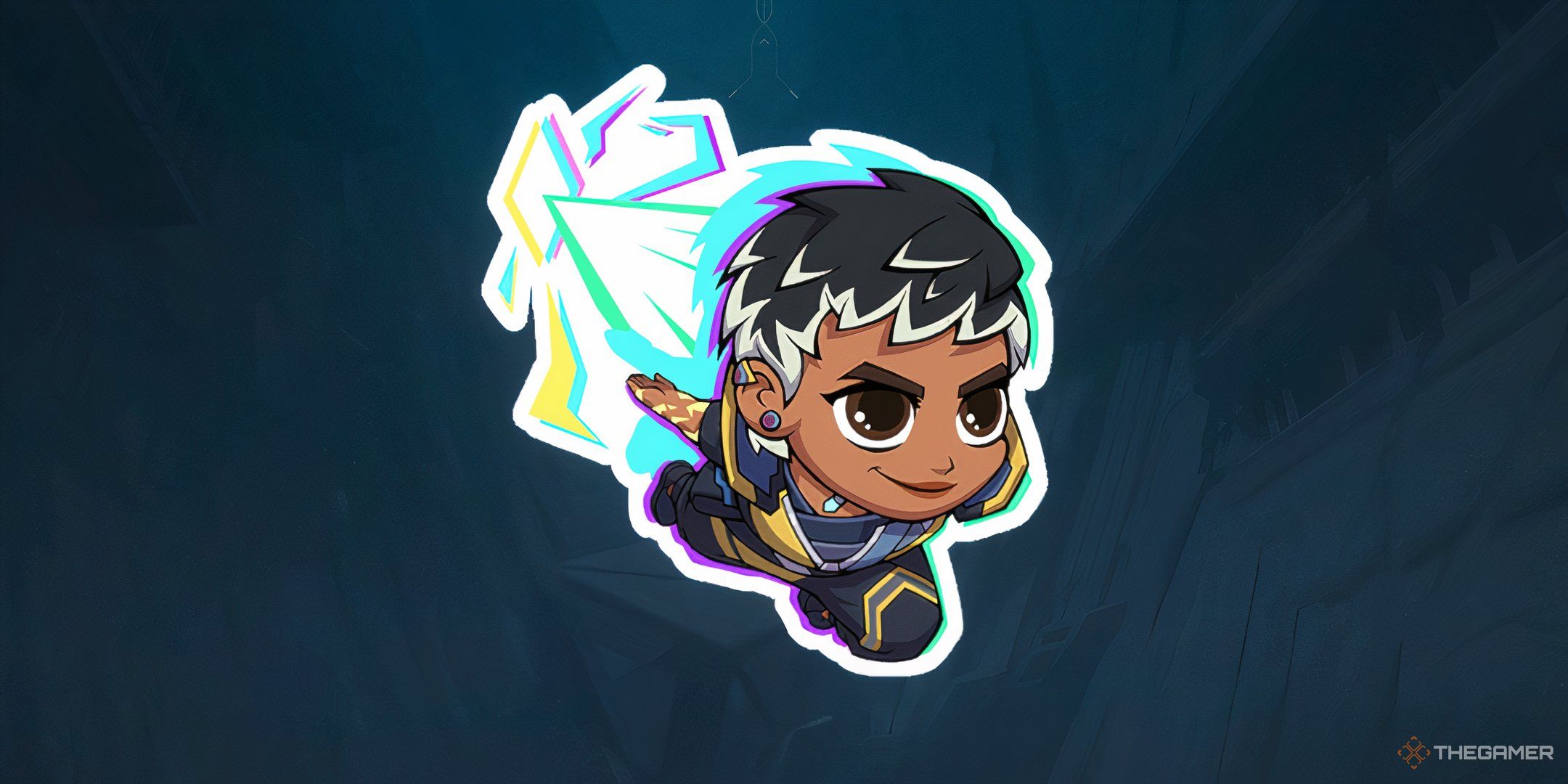 A spray in Valorant featuring a chibi version of Waylay dashing forward using her ability Light Speed.