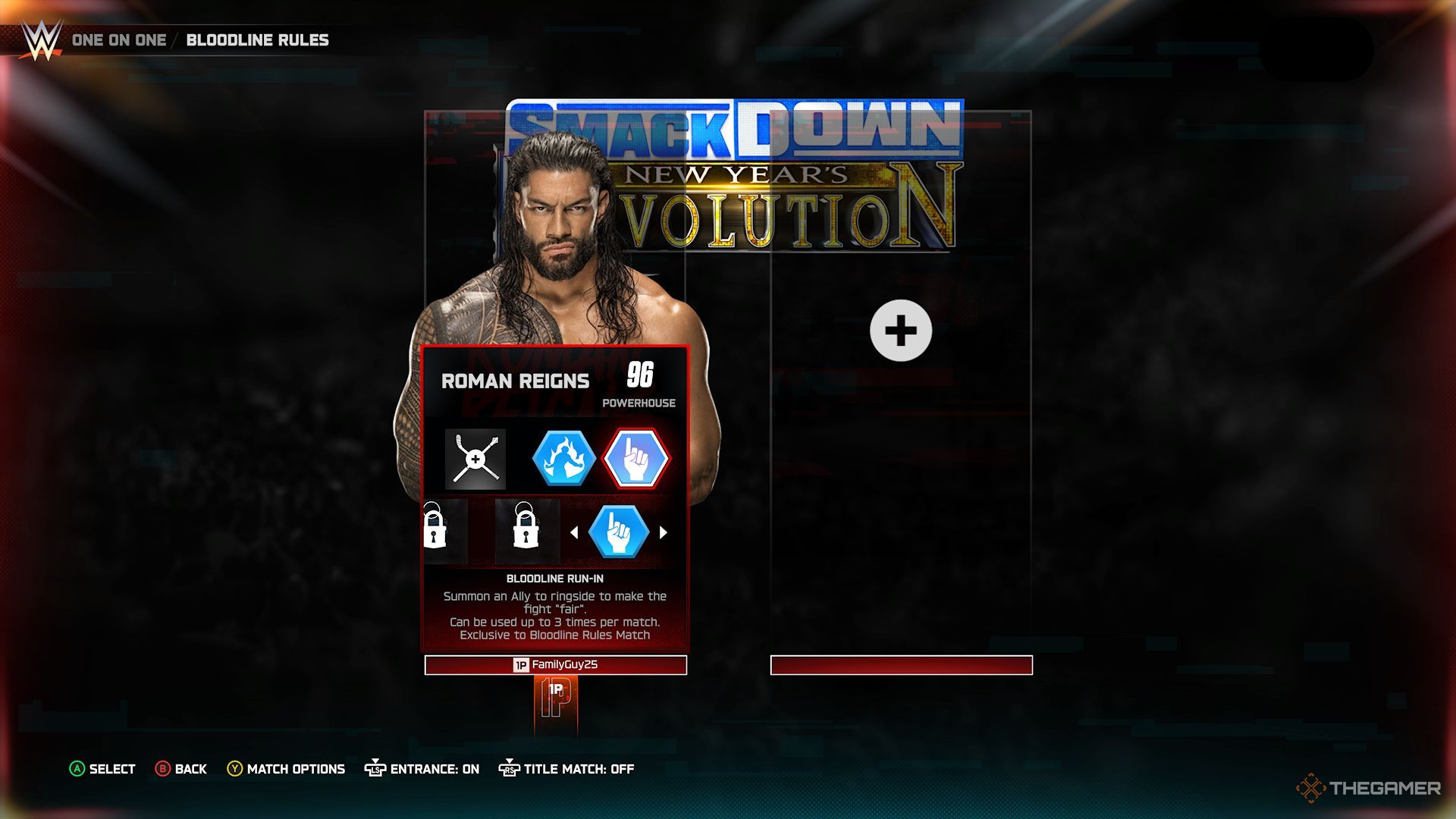 WWE 2K25 screenshot of character select menu featuring Roman Reigns and the Bloodline Run In payback.