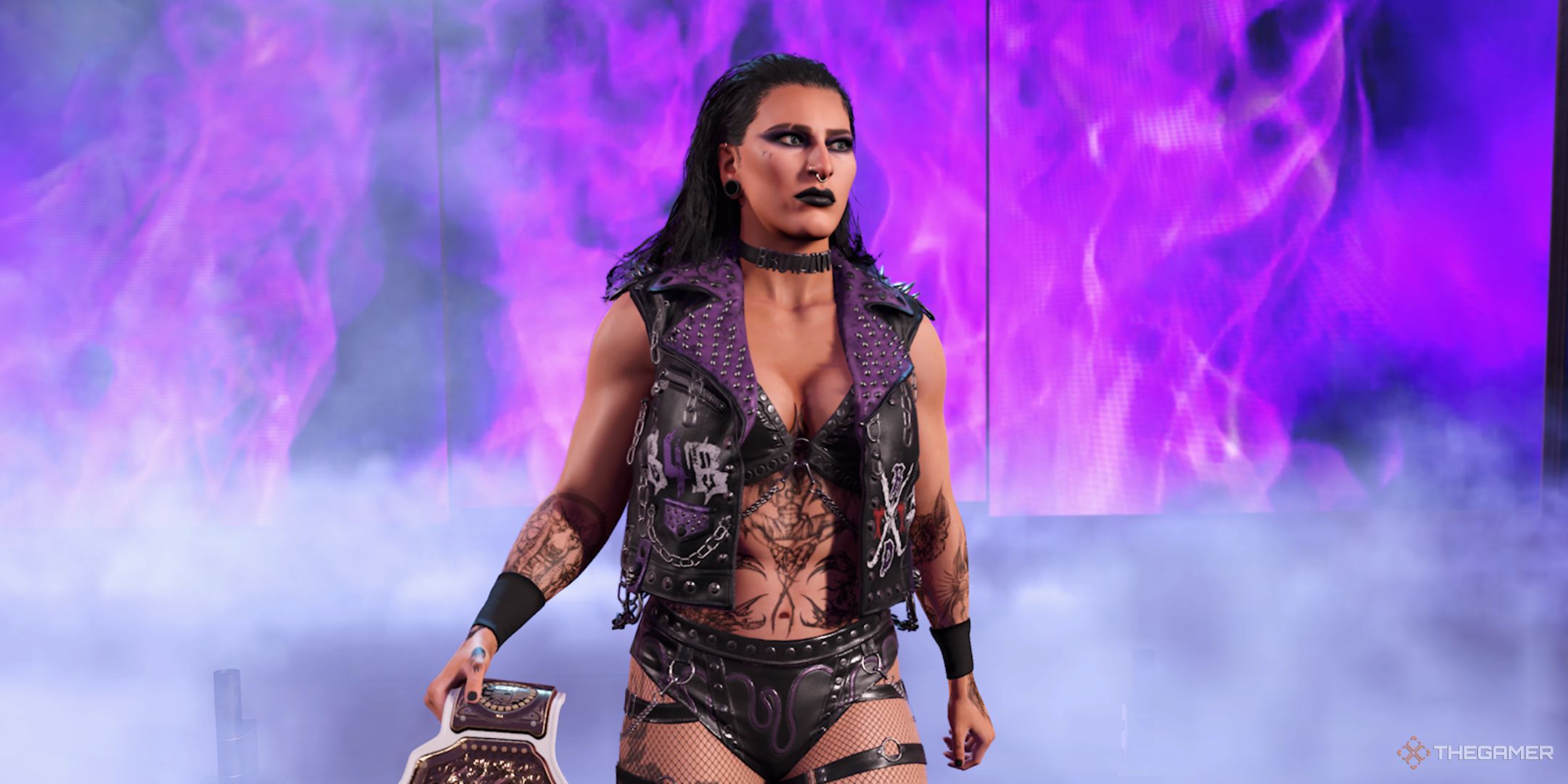 WWE 2K25 screenshot of Rhea Ripley holding her world title.